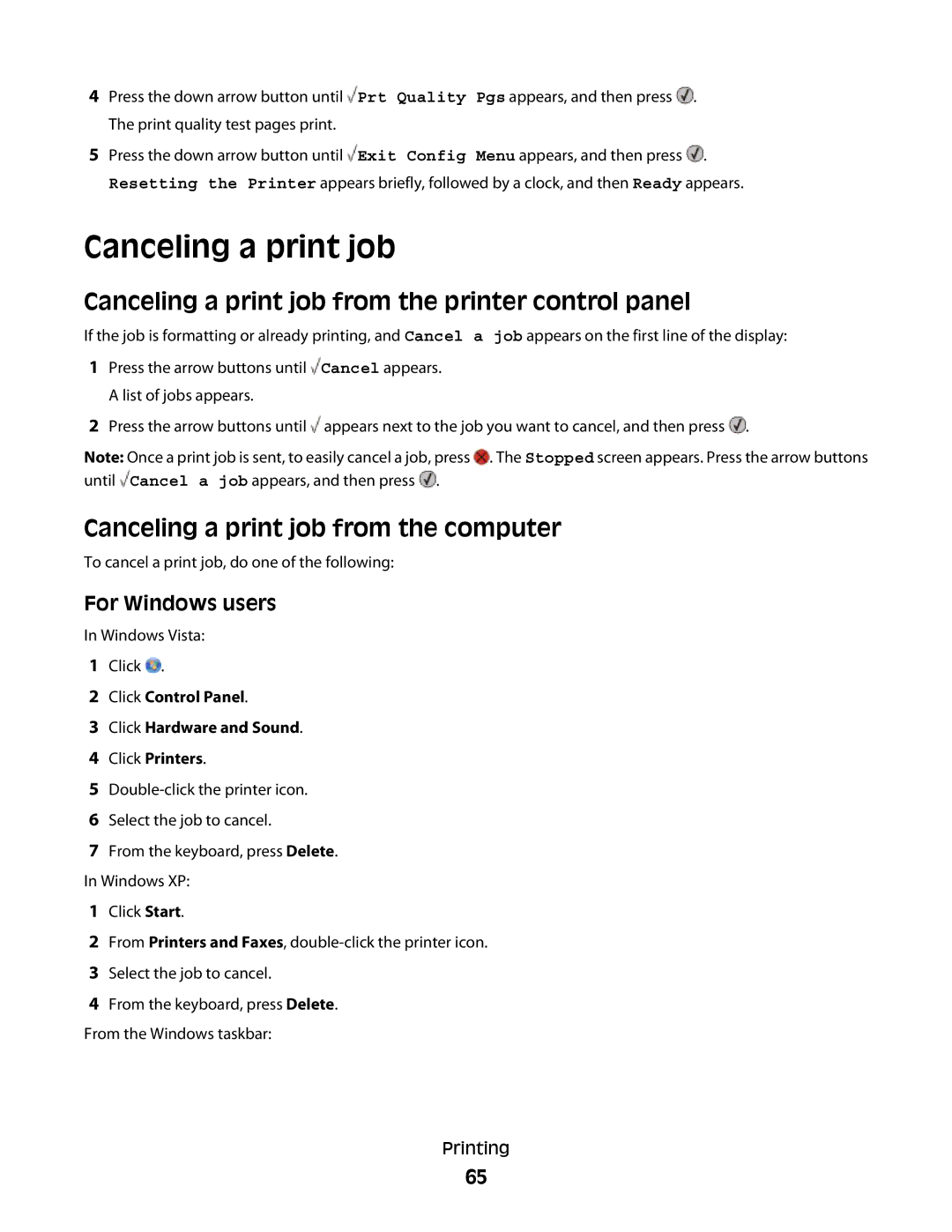 Lexmark E460dw manual Canceling a print job from the printer control panel, Canceling a print job from the computer 