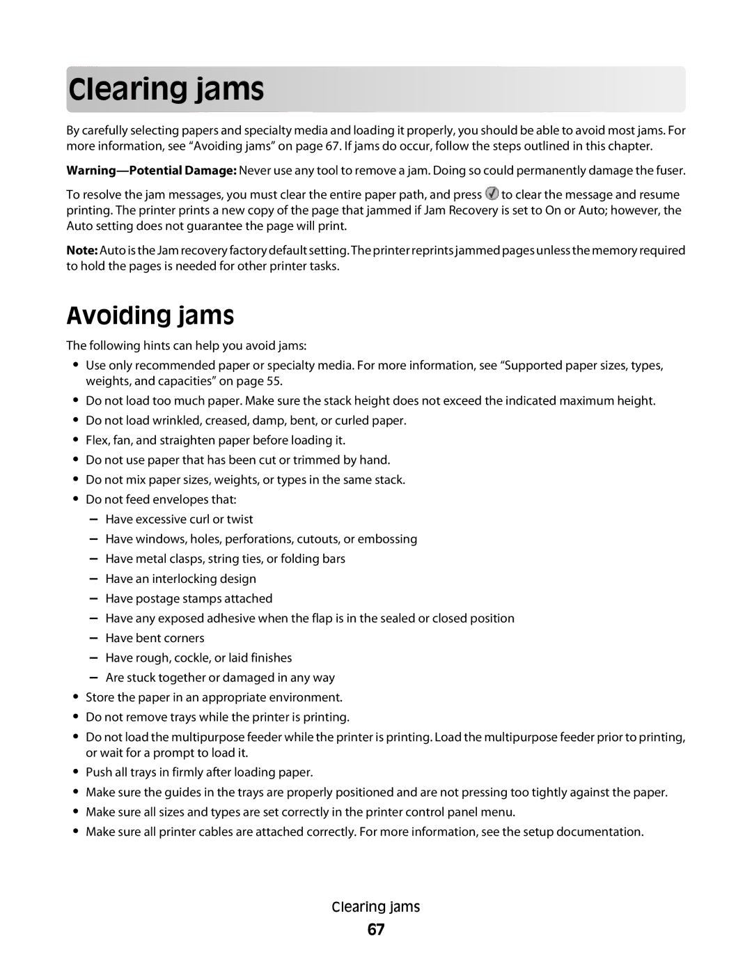 Lexmark E460dw manual Clearing jams, Avoiding jams 