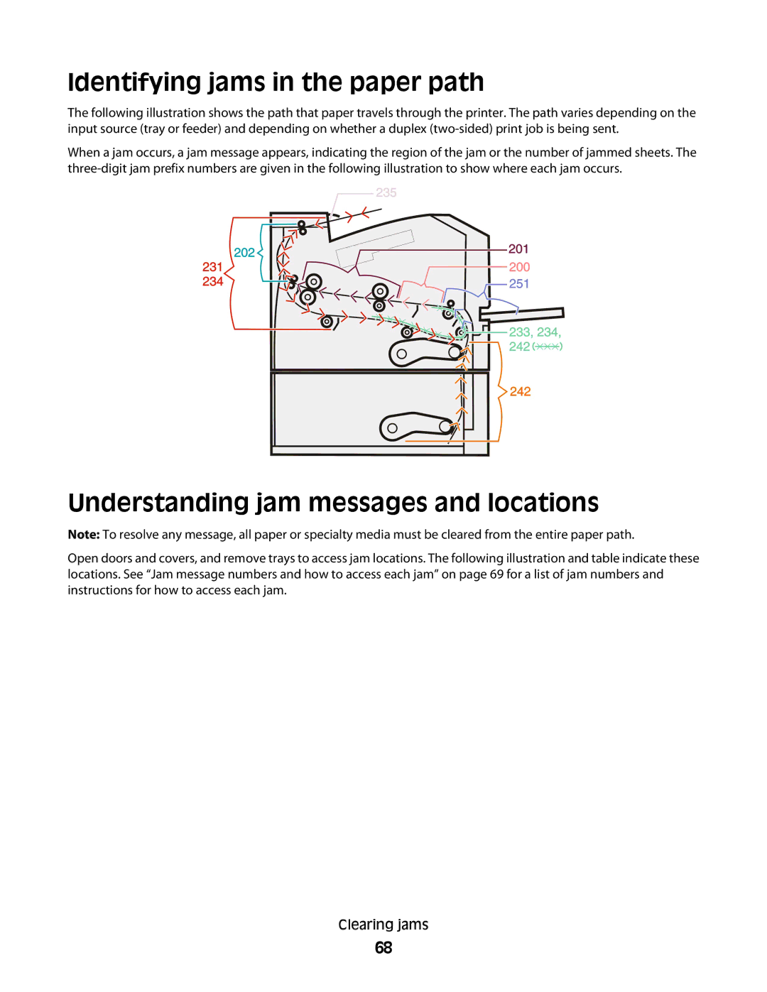 Lexmark E460dw manual Identifying jams in the paper path, Understanding jam messages and locations 