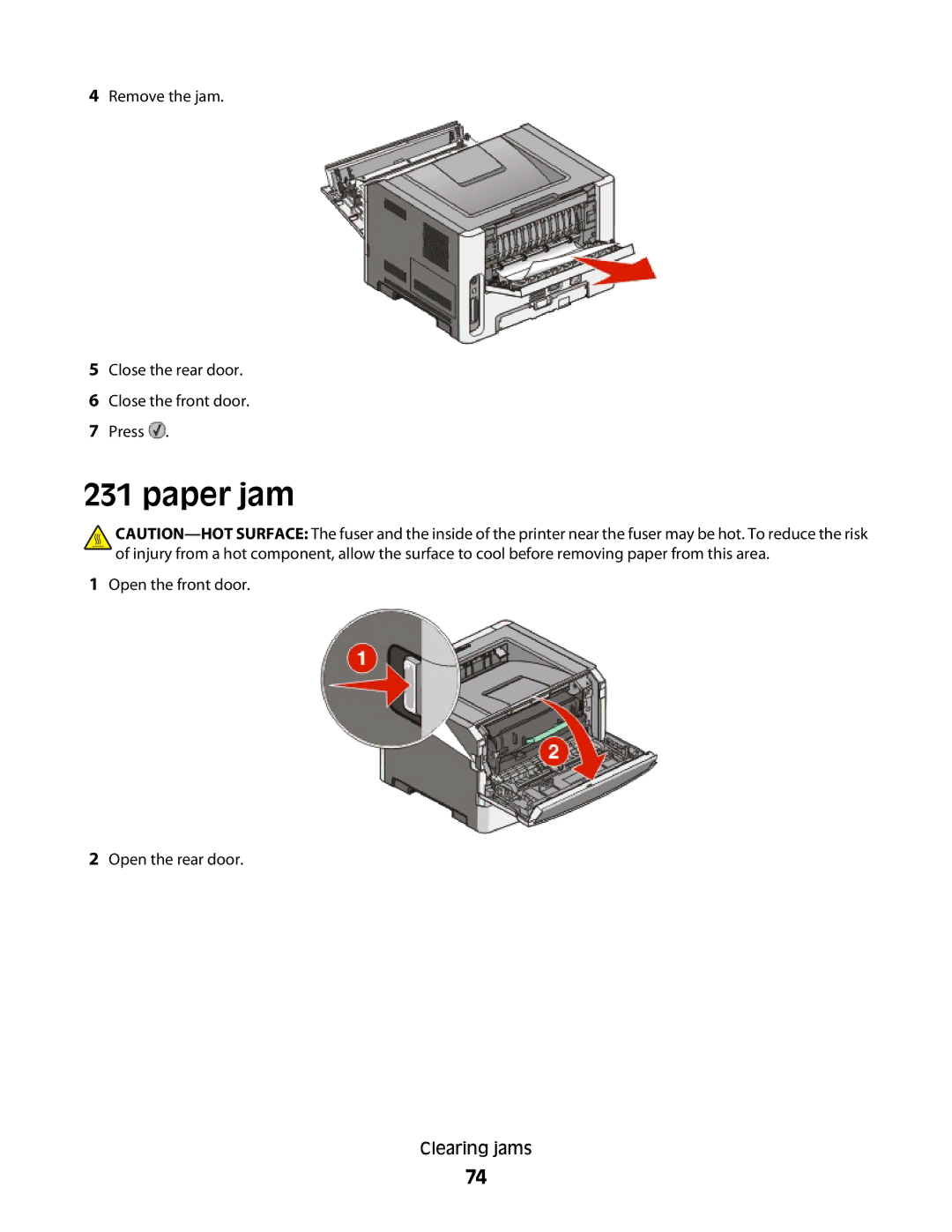 Lexmark E460dw manual Open the front door Open the rear door Clearing jams 