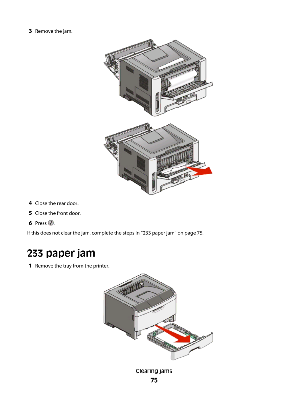 Lexmark E460dw manual Remove the tray from the printer Clearing jams 