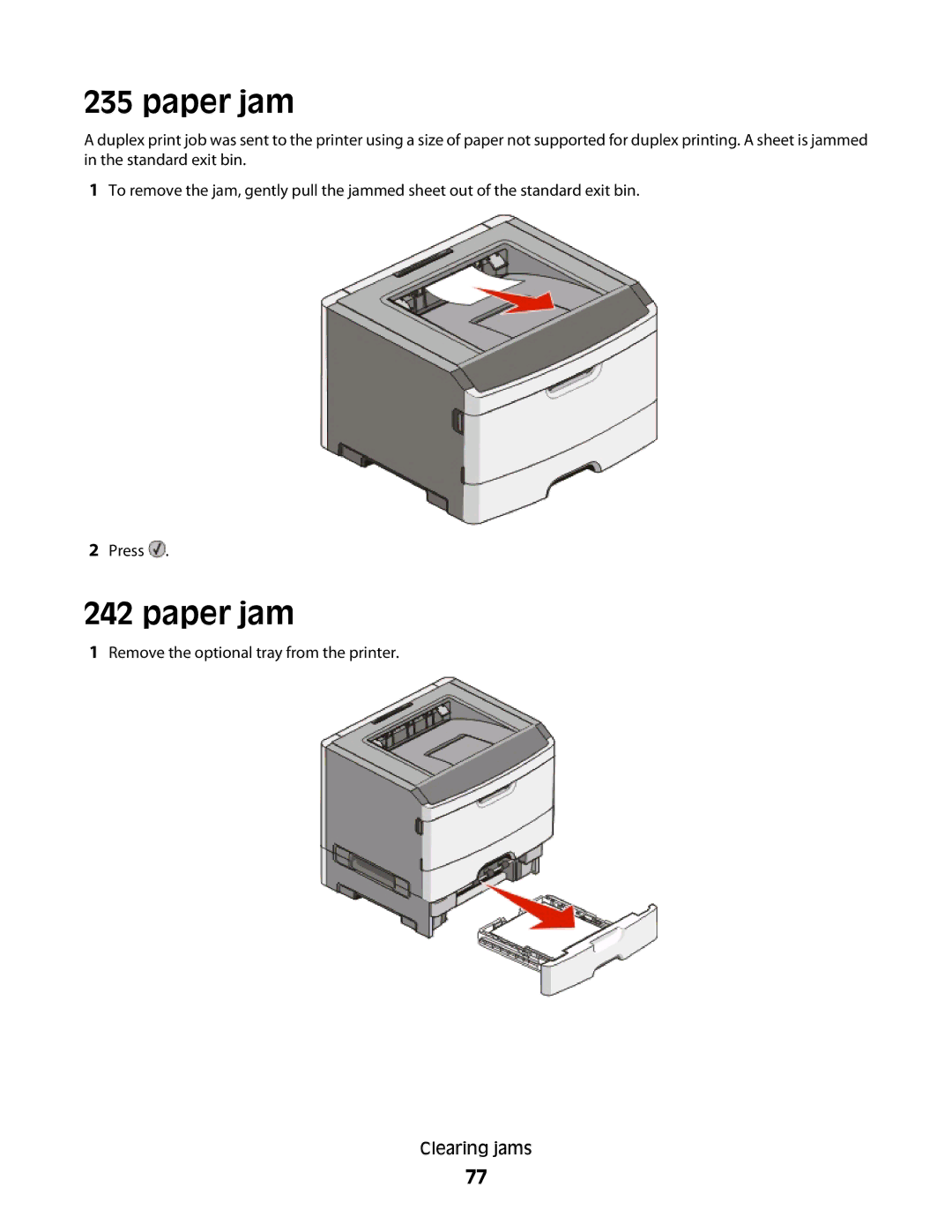 Lexmark E460dw manual Remove the optional tray from the printer Clearing jams 