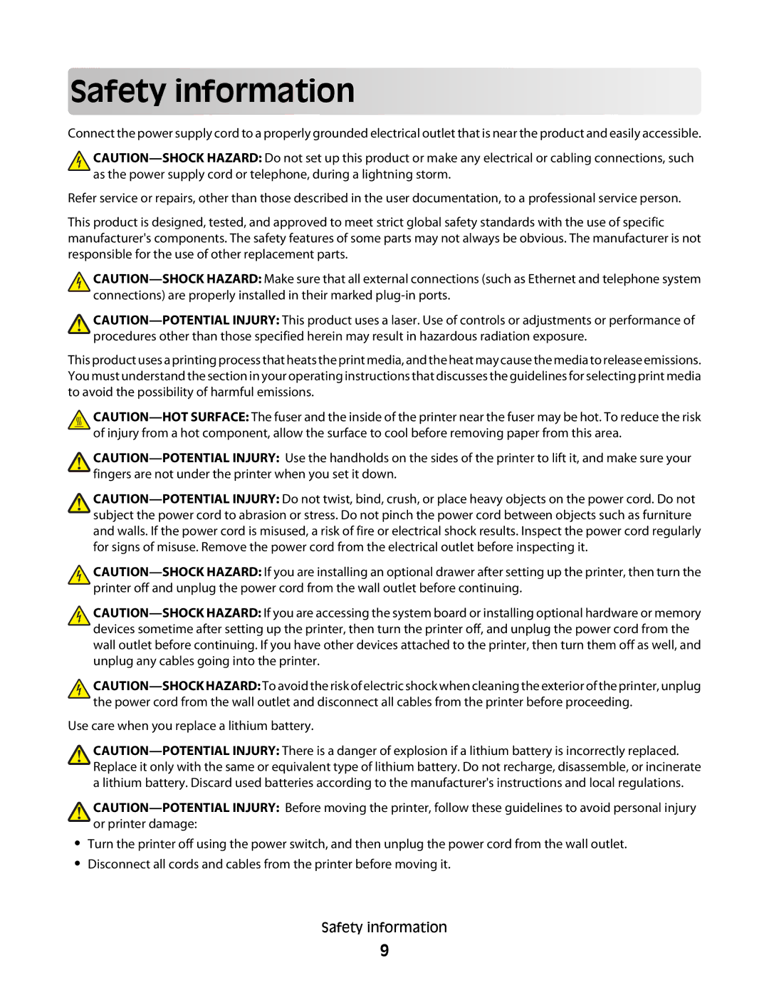 Lexmark E460dw manual Safety info rm ation 