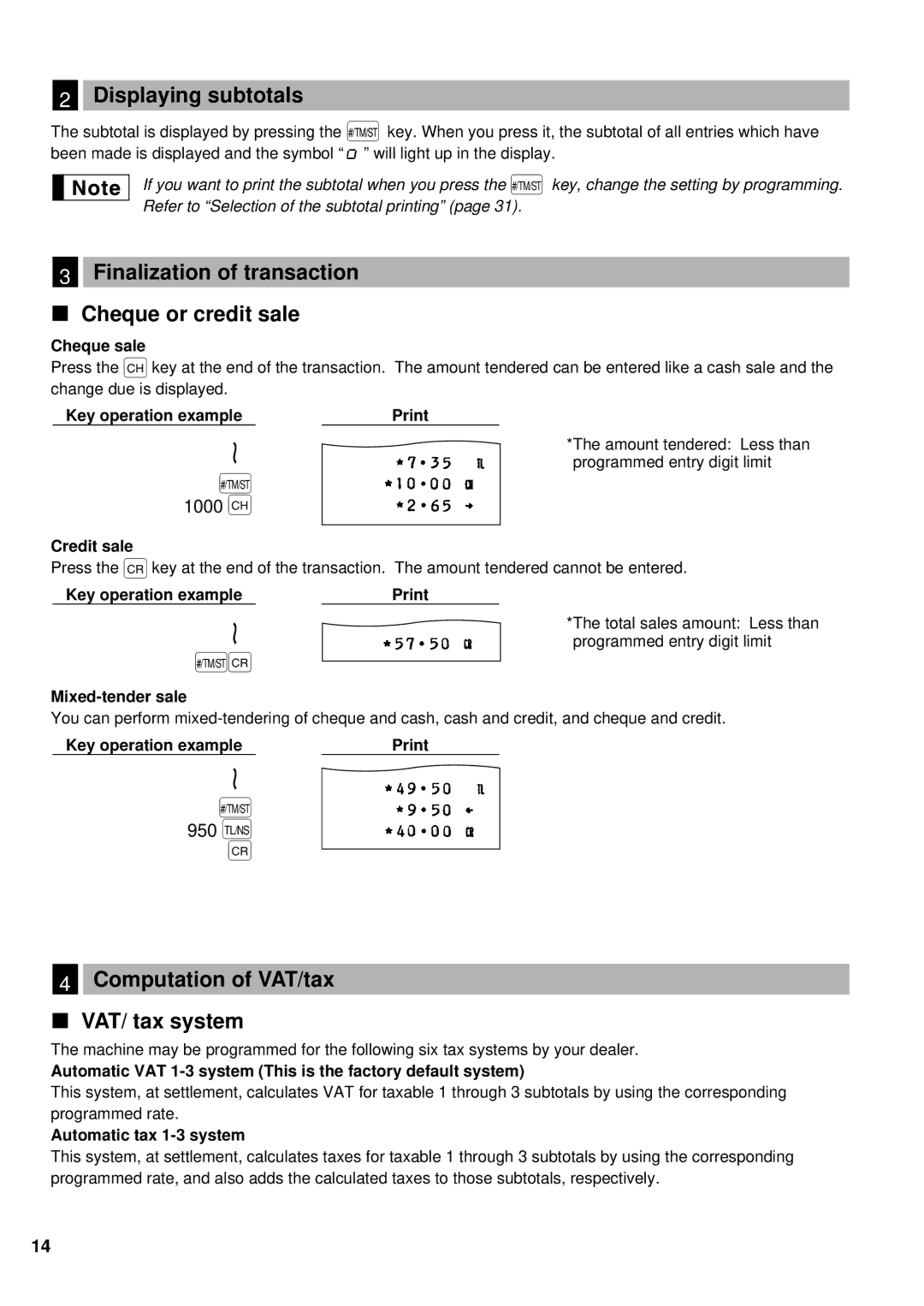 Lexmark ER-A160, ER-A180 950 É, Displaying subtotals, Finalization of transaction Cheque or credit sale, 1000 