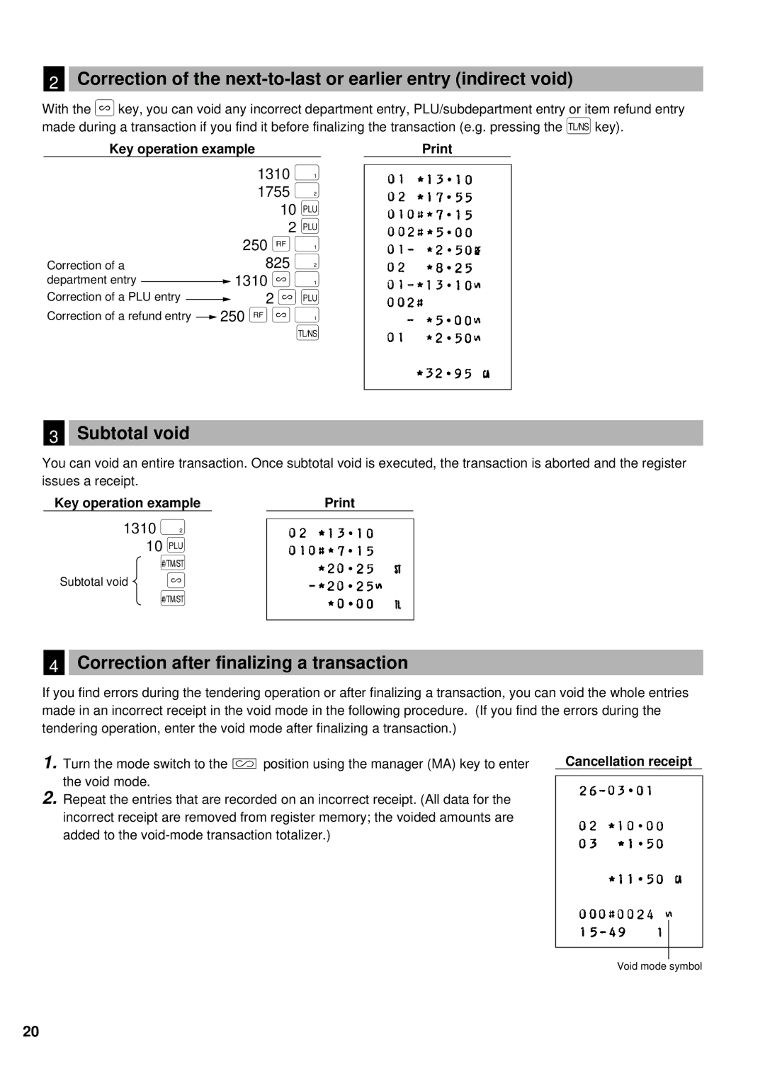 Lexmark ER-A160 Subtotal void, Correction after finalizing a transaction, 1310 ¯ 1755 ˘ 10 Ö 250 ¯ 825 ˘ 1310 ? ¯, 250 ? ¯ 