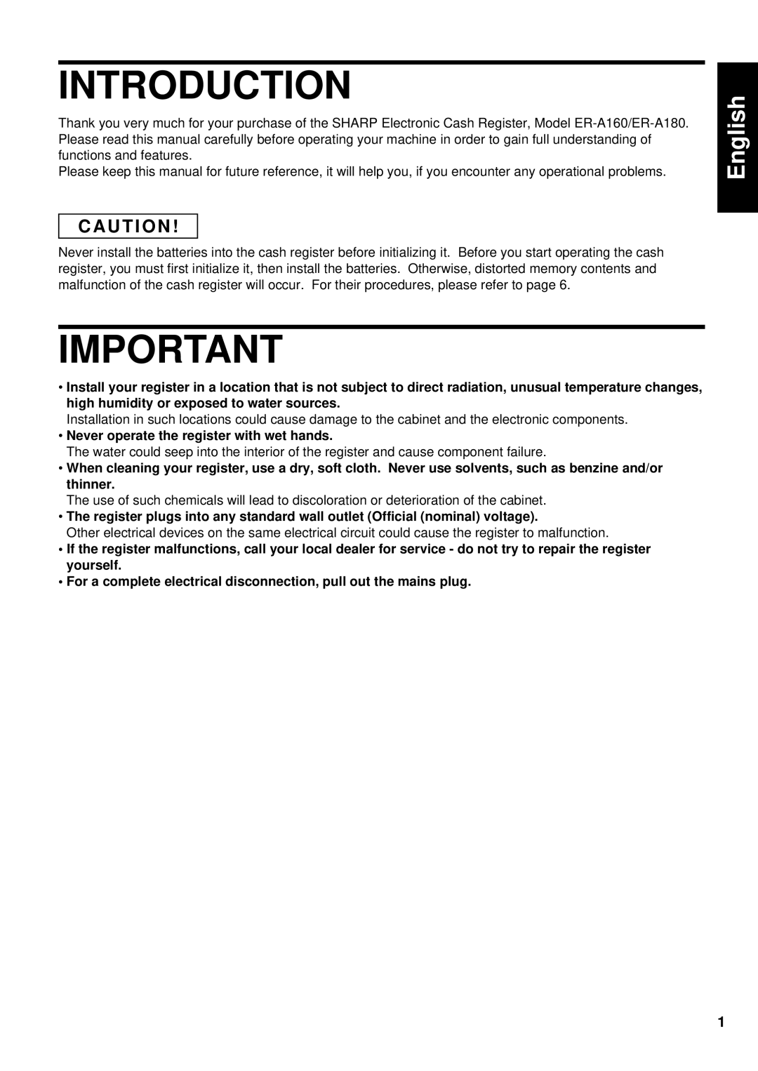 Lexmark ER-A180, ER-A160 instruction manual Introduction, U T I O N, Never operate the register with wet hands 