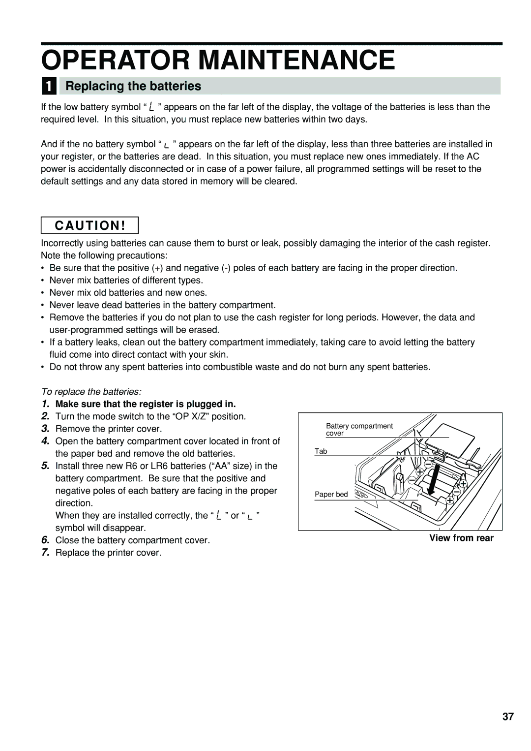 Lexmark ER-A180, ER-A160 Operator Maintenance, Replacing the batteries, Make sure that the register is plugged 