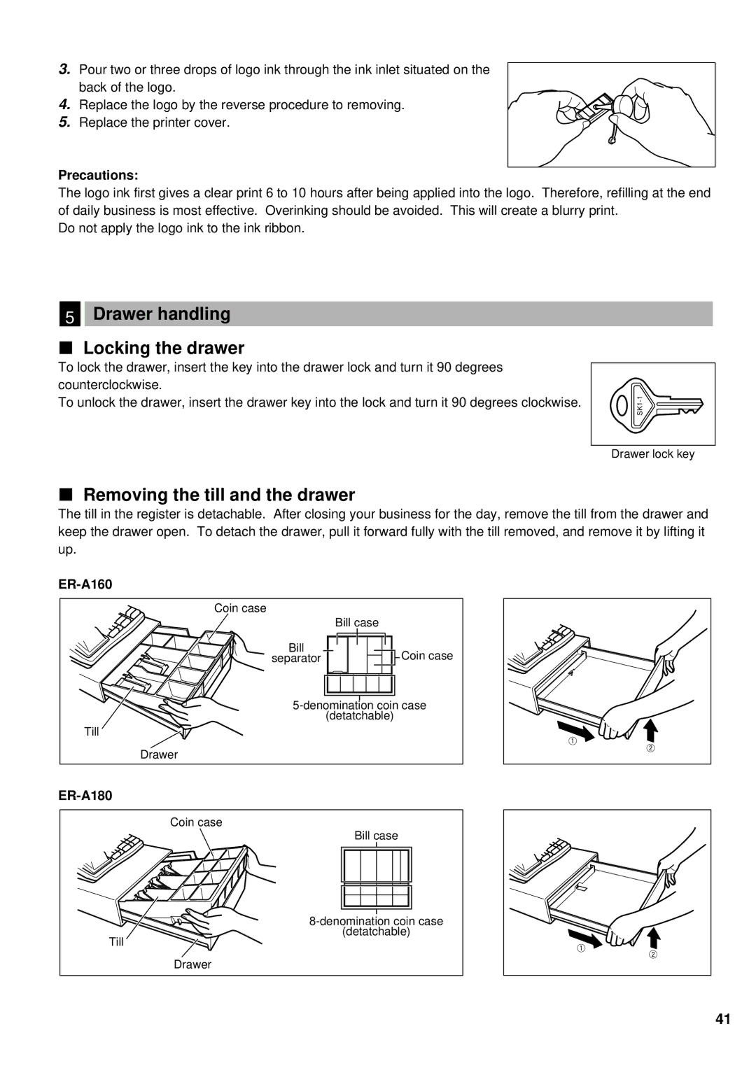 Lexmark ER-A180 Drawer handling Locking the drawer, Removing the till and the drawer, Precautions, ER-A160 