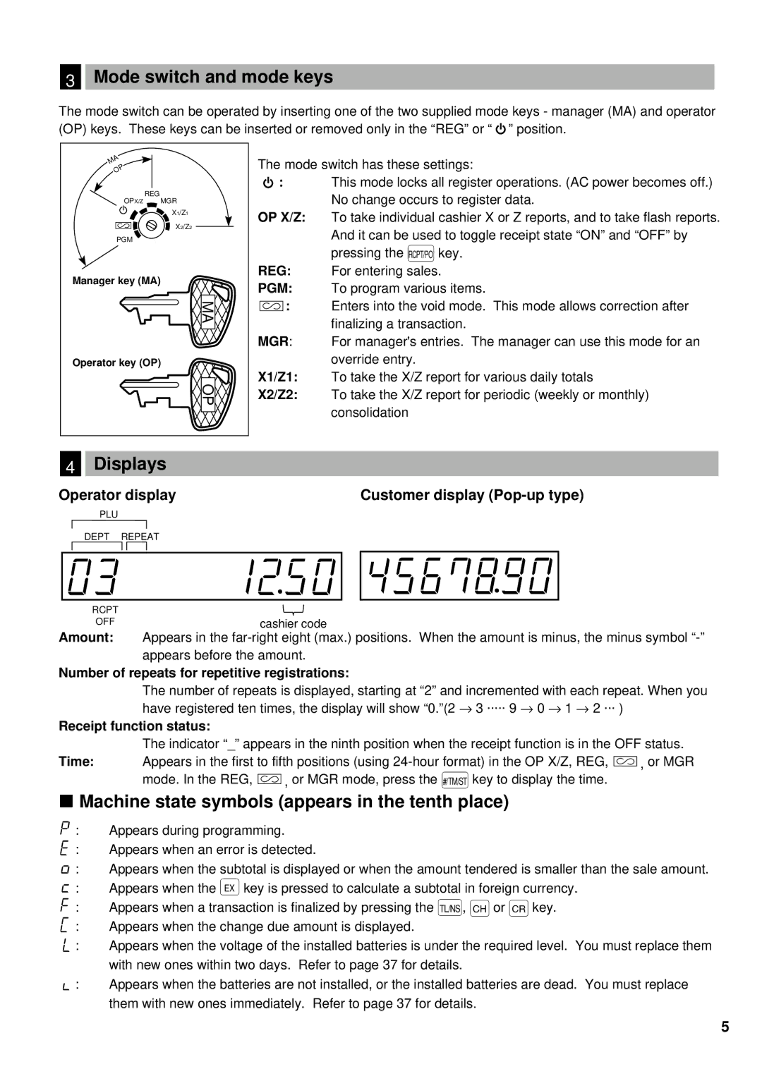 Lexmark ER-A180, ER-A160 Mode switch and mode keys, Displays, Machine state symbols appears in the tenth place 