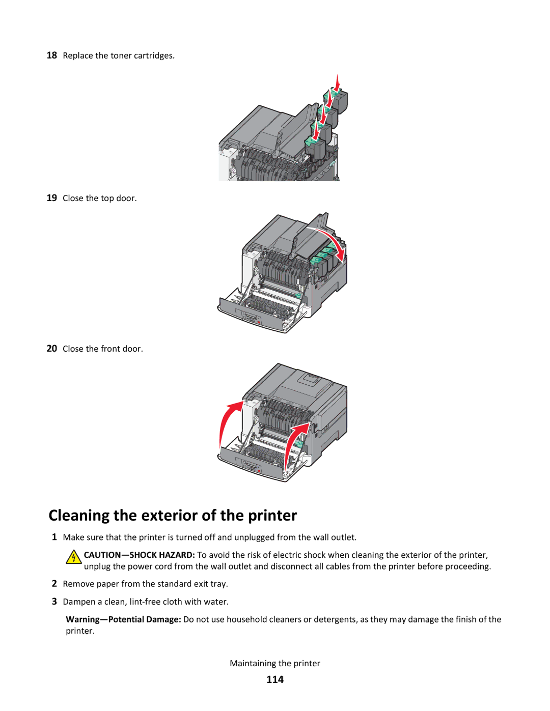 Lexmark dt1, gd2, gd1, dn1, dn2, 43W, 439, 430, 544dn, 544n, 5025, 26C0104, 26C0000, 26C0050 Cleaning the exterior of the printer, 114 