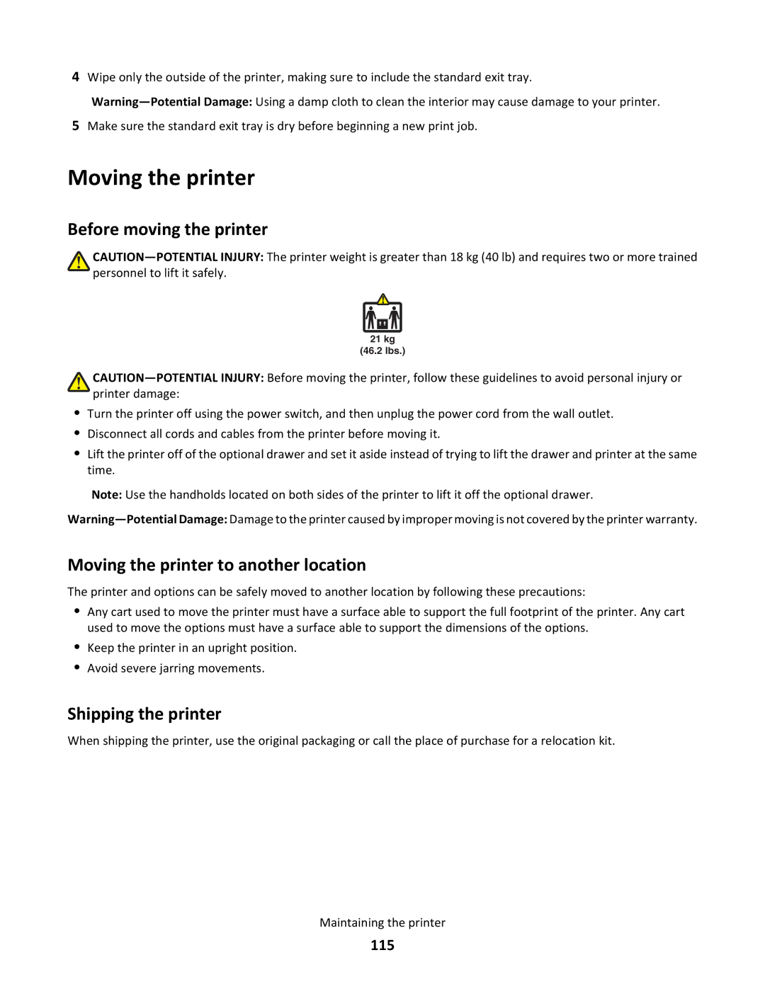 Lexmark dt2, gd2, gd1, dn1 Before moving the printer, Moving the printer to another location, Shipping the printer, 115 