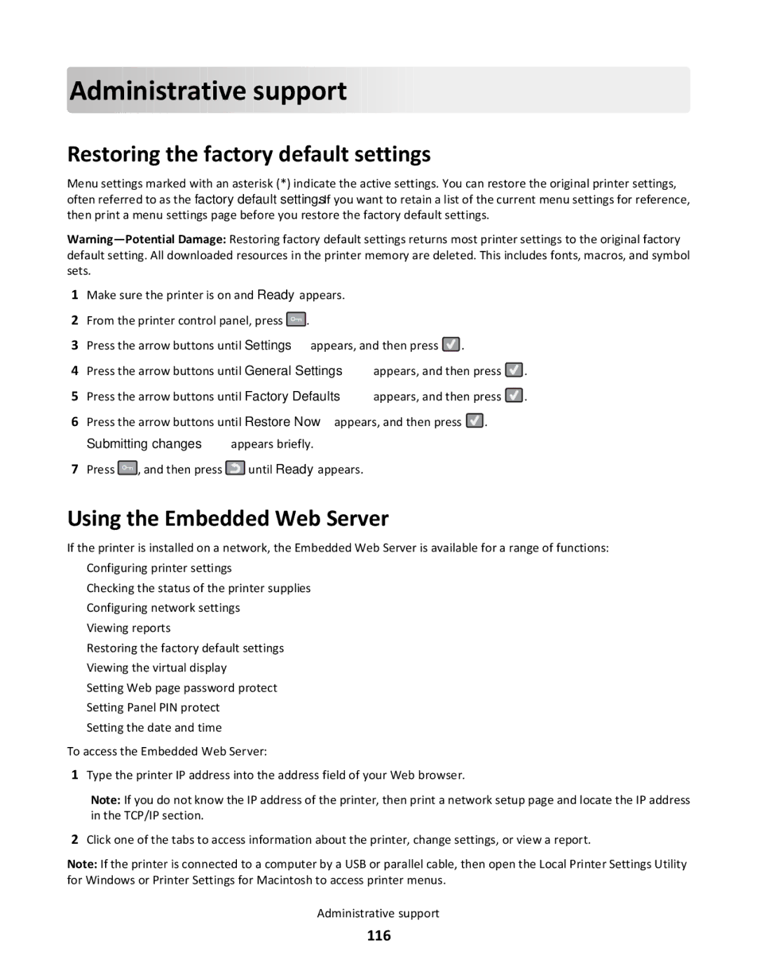 Lexmark gt2, gd2, gd1 Admini strative support, Restoring the factory default settings, Using the Embedded Web Server, 116 