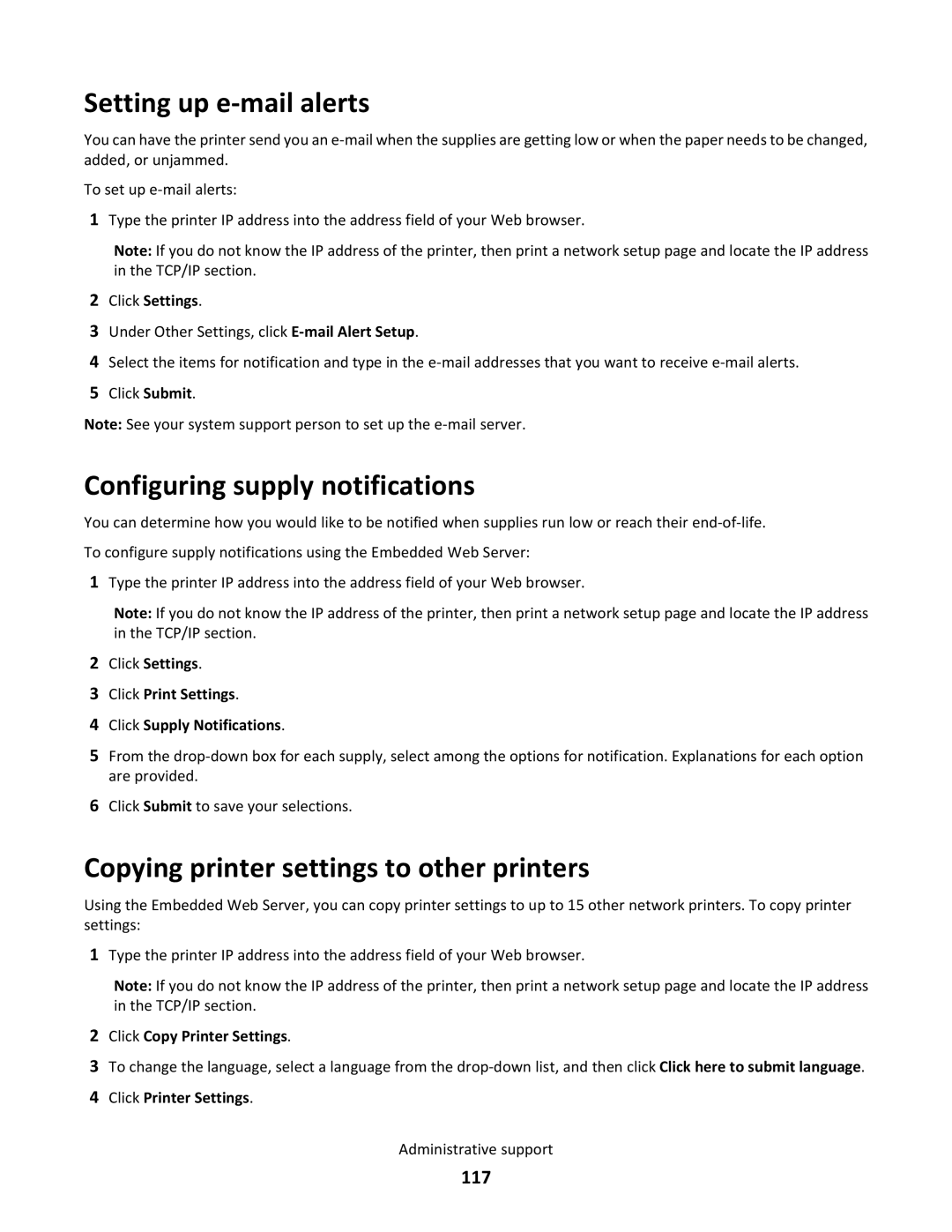 Lexmark gt1 Setting up e-mail alerts, Configuring supply notifications, Copying printer settings to other printers, 117 