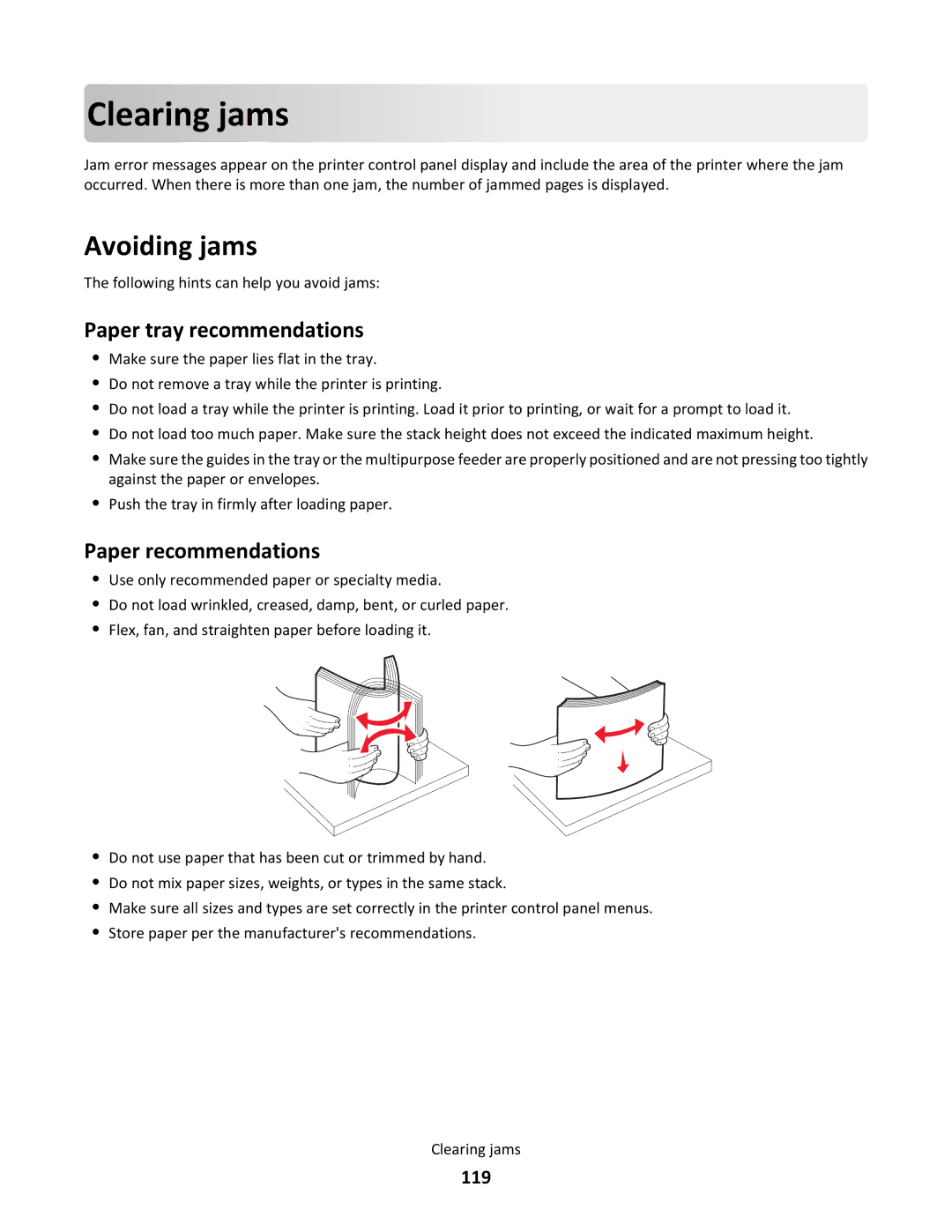 Lexmark 230, gd2, gd1, dn1, dn2, 43W Clea r ing jams, Avoiding jams, Paper tray recommendations, Paper recommendations, 119 