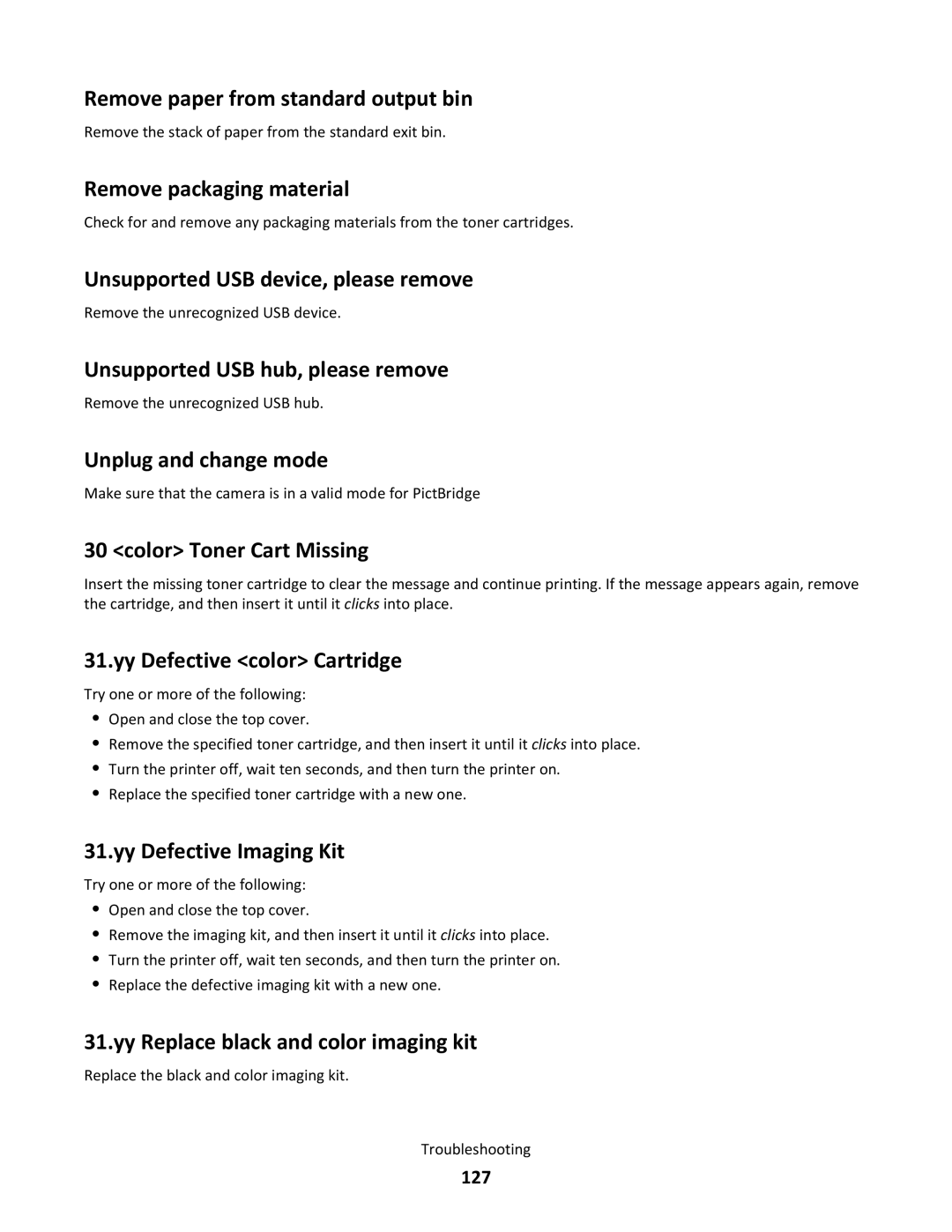 Lexmark 544dn, gd2 Remove paper from standard output bin, Remove packaging material, Unsupported USB device, please remove 