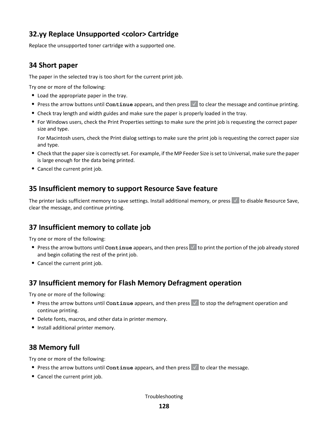 Lexmark 544n Yy Replace Unsupported color Cartridge, Short paper, Insufficient memory to support Resource Save feature 