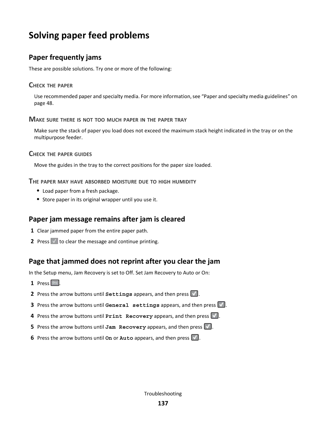 Lexmark 26B0002 Solving paper feed problems, Paper frequently jams, Paper jam message remains after jam is cleared, 137 