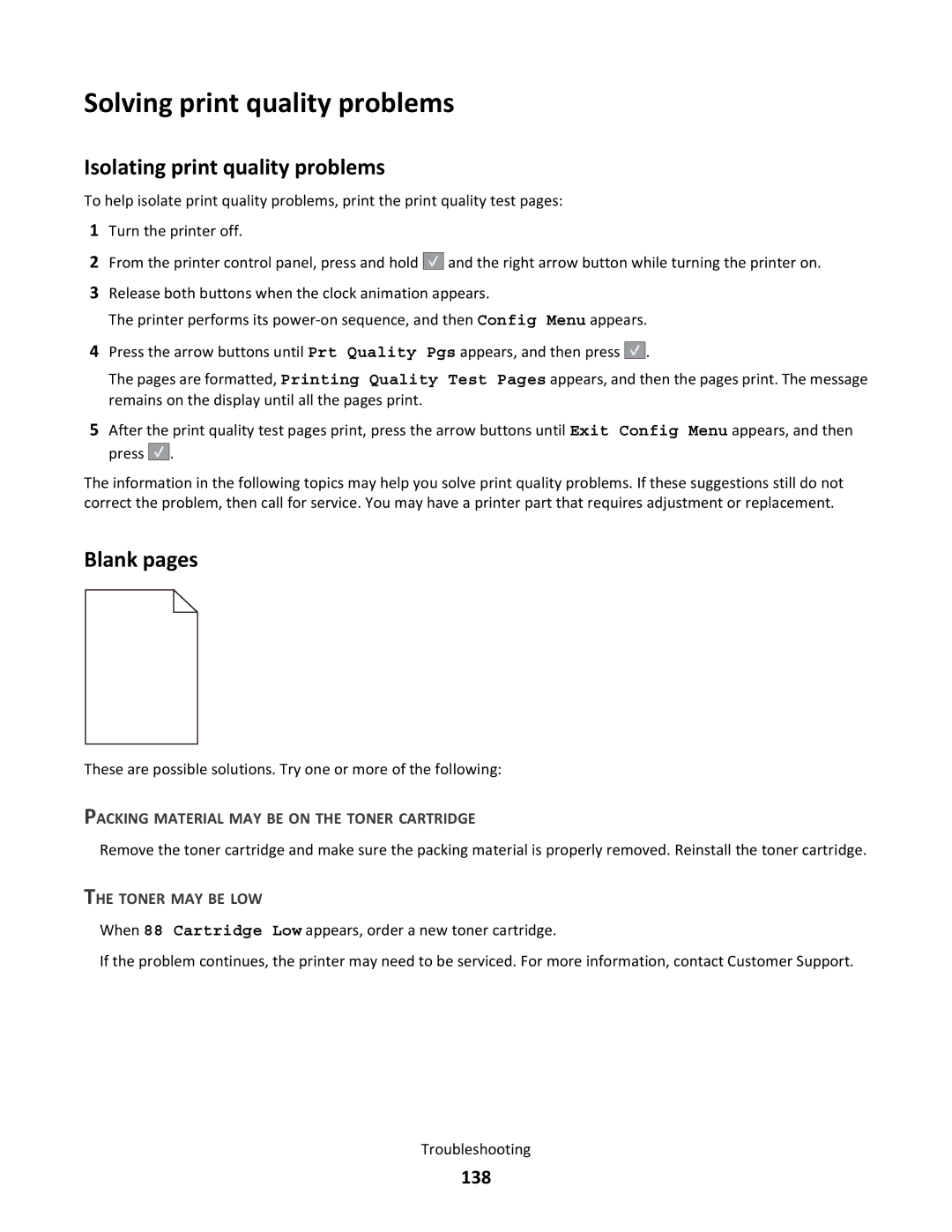 Lexmark 26A0000, gd2, gd1, dn1, dn2, 43W Solving print quality problems, Isolating print quality problems, Blank pages, 138 