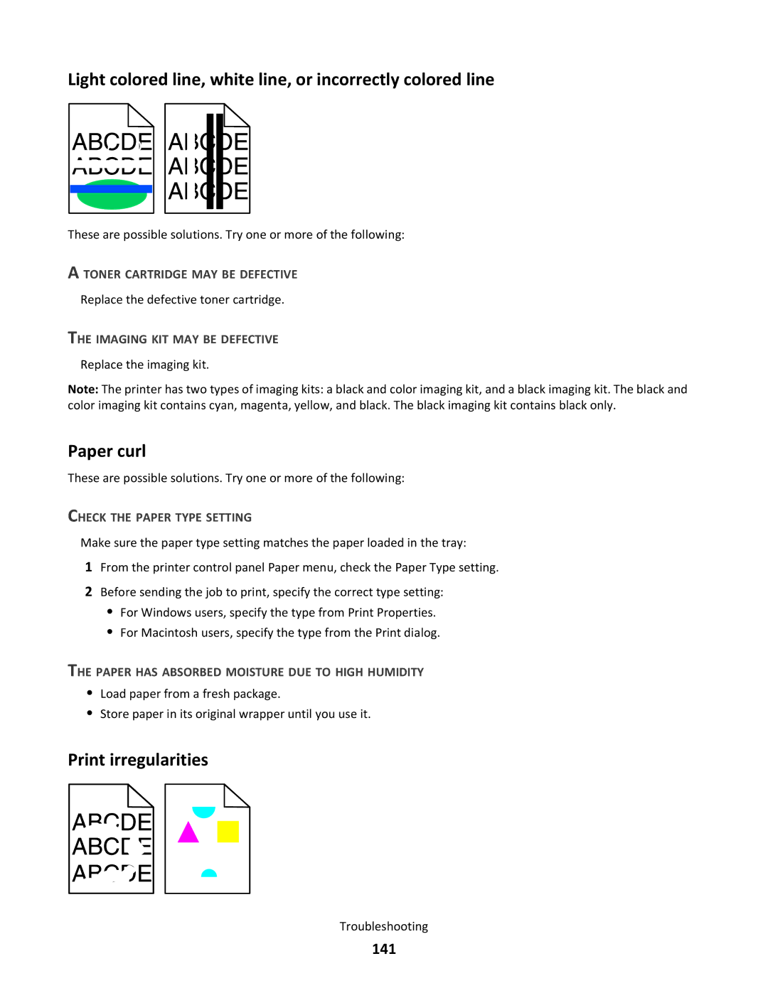 Lexmark xd1, gd2, gd1 Light colored line, white line, or incorrectly colored line, Paper curl, Print irregularities, 141 