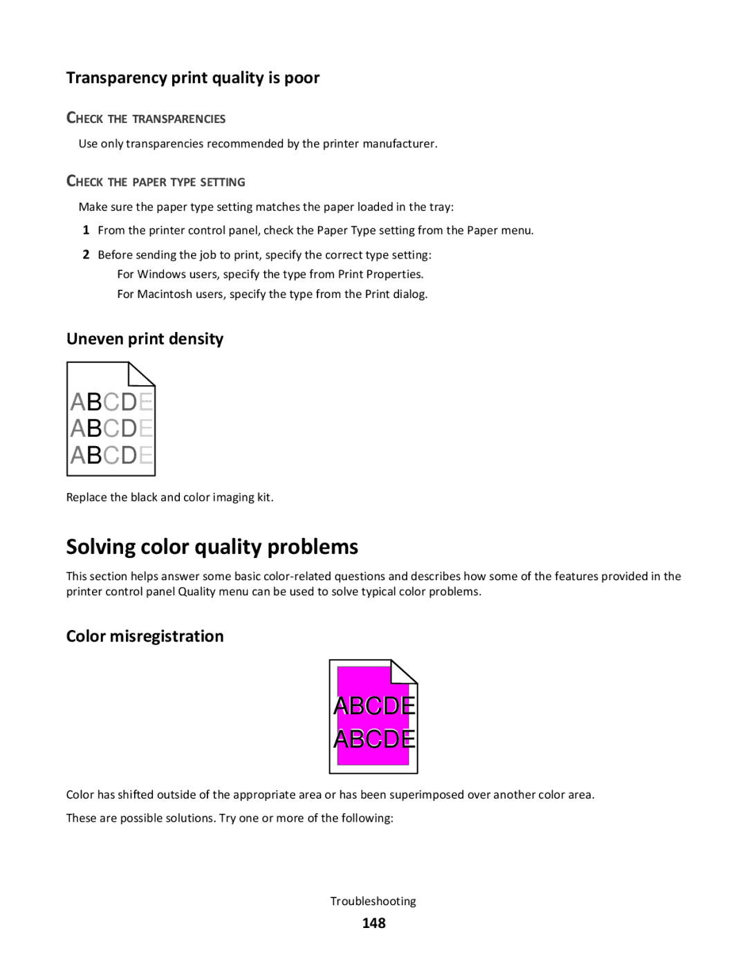 Lexmark 210, gd2, gd1, dn1, dn2 Solving color quality problems, Transparency print quality is poor, Uneven print density, 148 