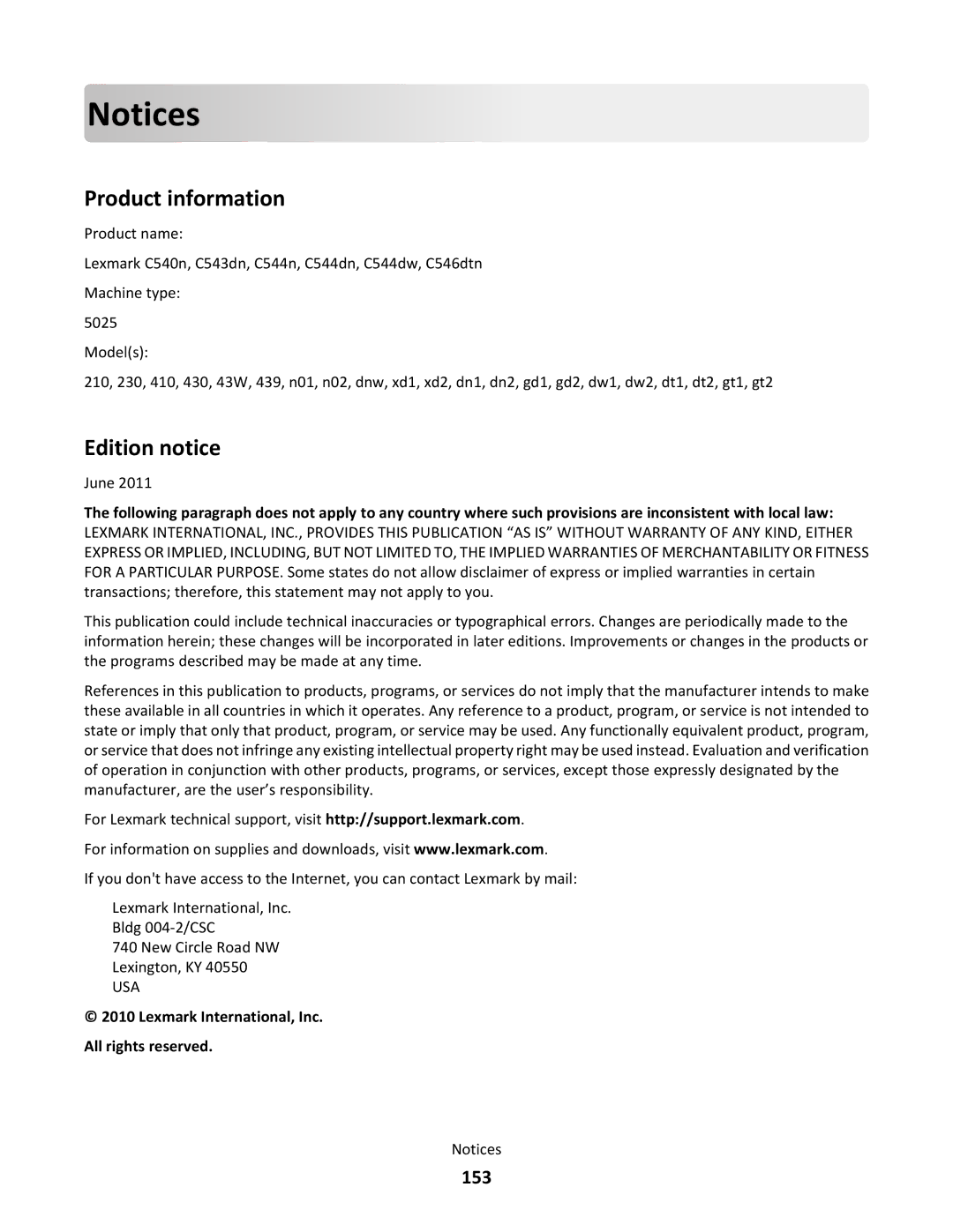 Lexmark dn2, gd2, gd1, dn1, 43W, 439, 430, 544dn, 544n, 5025, 26C0104, 26C0000, xd2 Tic es, Product information, Edition notice, 153 