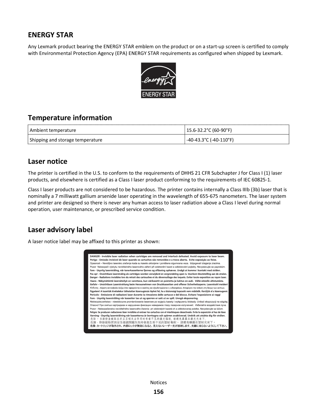 Lexmark 430, gd2, gd1, dn1, dn2, 43W, 439, 544dn, 544n, 5025, xd2 Temperature information, Laser notice, Laser advisory label, 156 