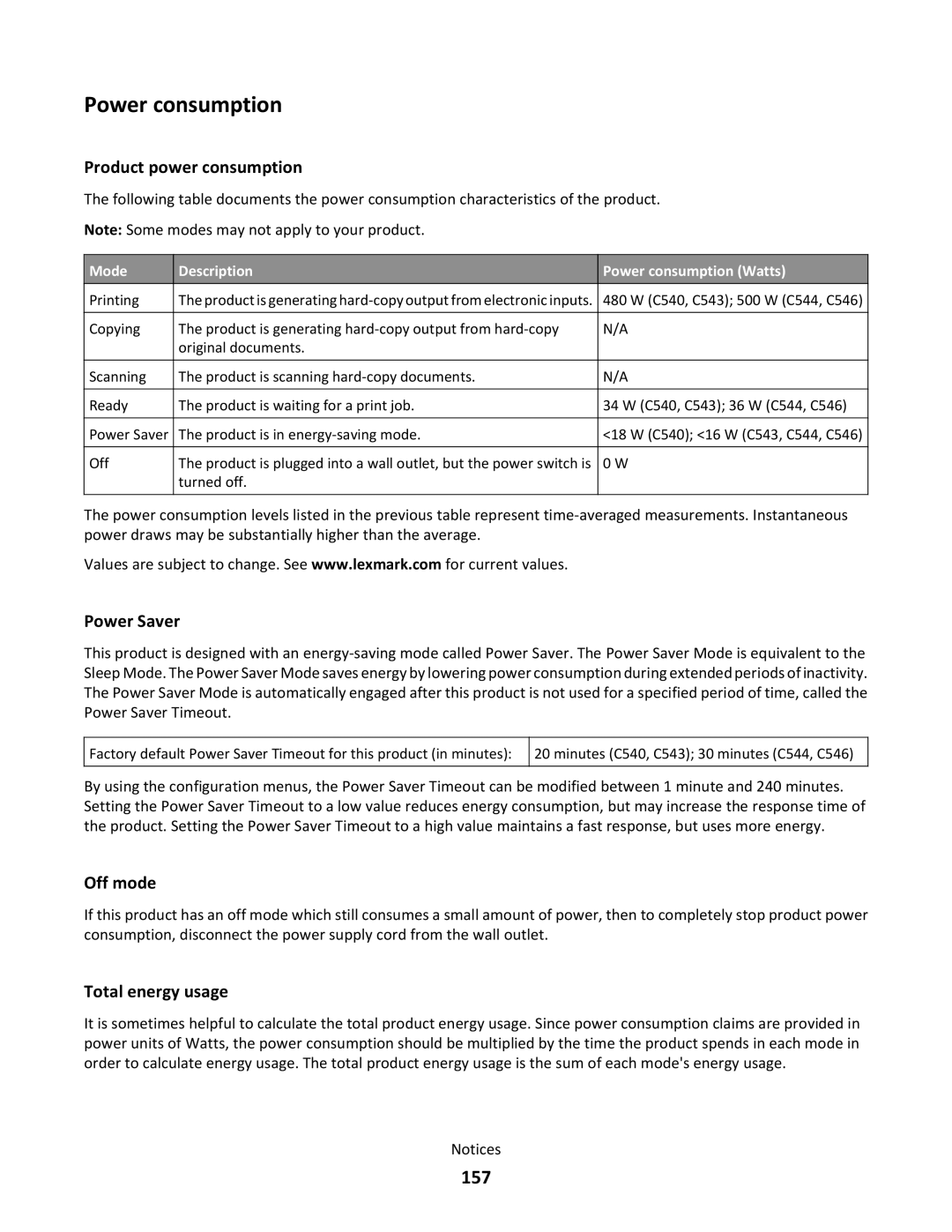 Lexmark 544dn, gd2, gd1, dn1, dn2, 43W, 439, 430, 544n, 5025, 26C0104, 26C0000, xd2 157, Mode Description Power consumption Watts 