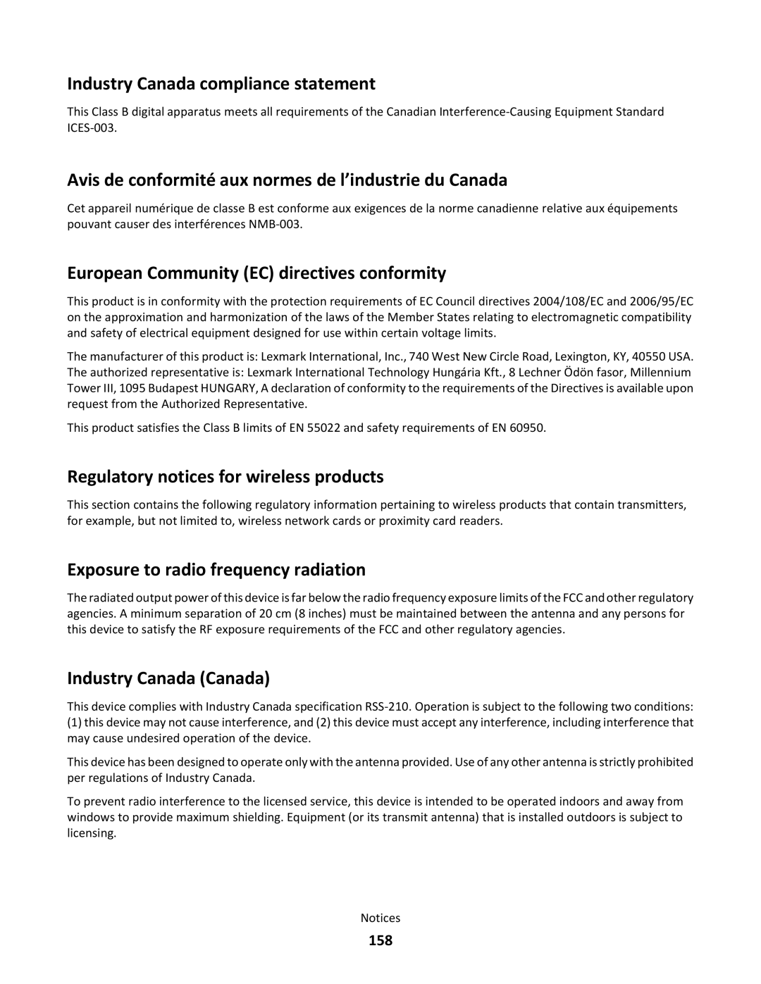 Lexmark 544n, gd2, gd1, dn1, dn2 Industry Canada compliance statement, Avis de conformité aux normes de l’industrie du Canada 