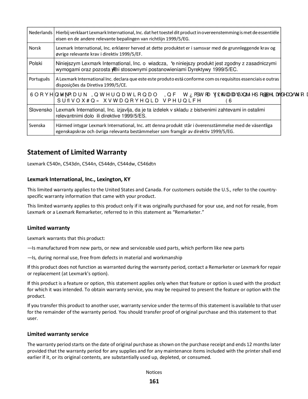 Lexmark 26C0000, gd2, gd1, dn1, dn2, 43W, 439, 430, 544dn, 544n, 5025, 26C0104, 26C0050, xd2, xd1 Statement of Limited Warranty, 161 