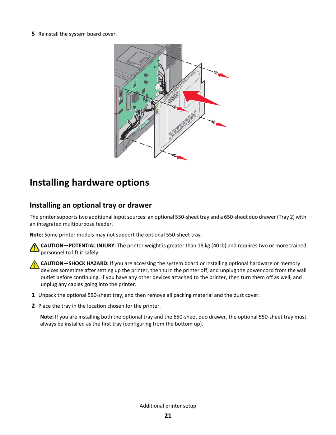 Lexmark xd1, gd2, gd1, dn1, dn2, 43W, 439, 430, 544dn, 544n, xd2 Installing hardware options, Installing an optional tray or drawer 