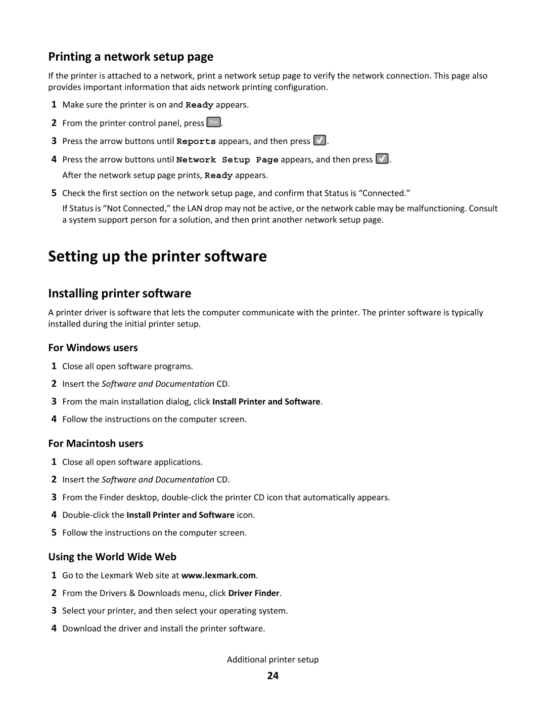 Lexmark dt1, gd2, gd1, dn1, dn2, 43W Setting up the printer software, Printing a network setup, Installing printer software 