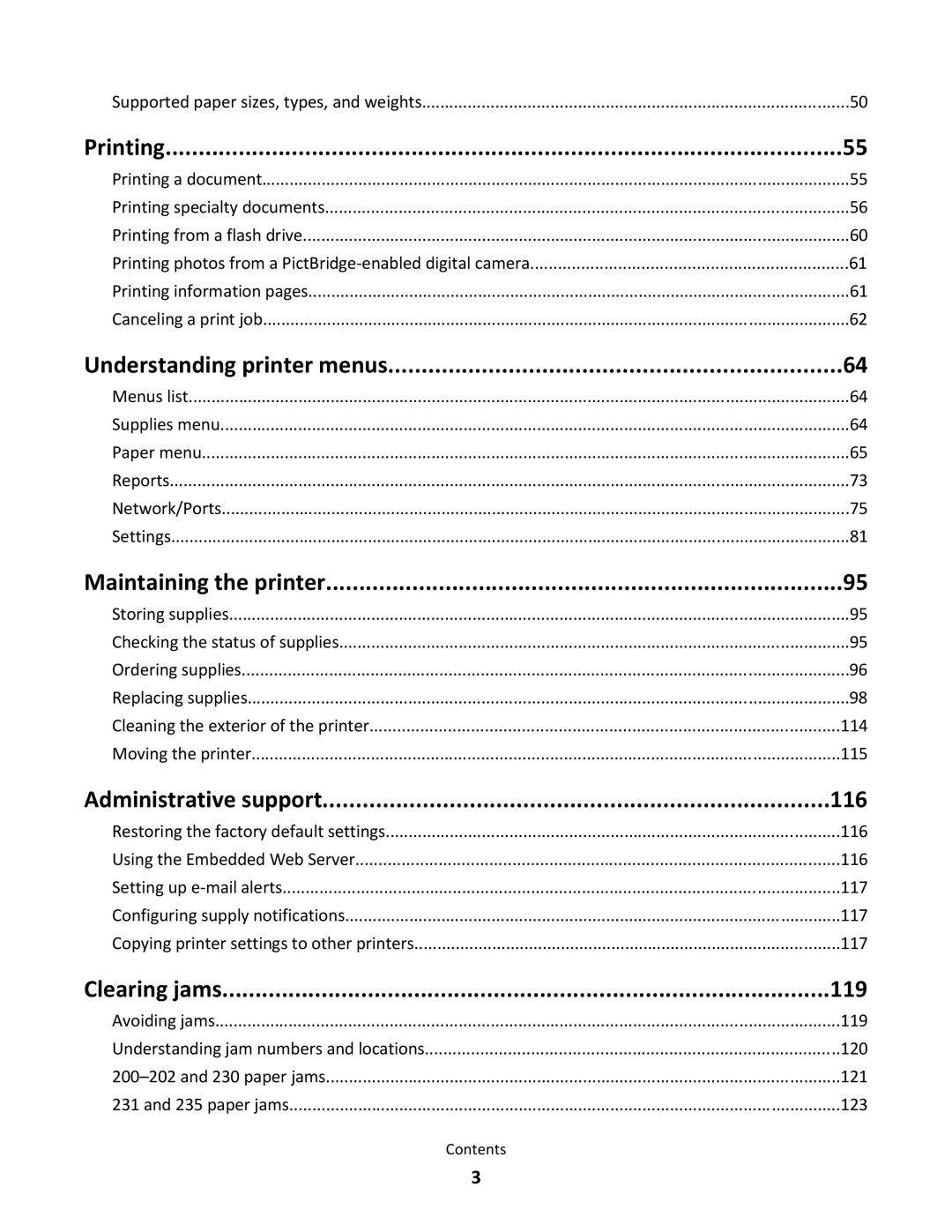 Lexmark dn2 Printing, Understanding printer menus, Maintaining the printer, Administrative support 116, Clearing jams 119 