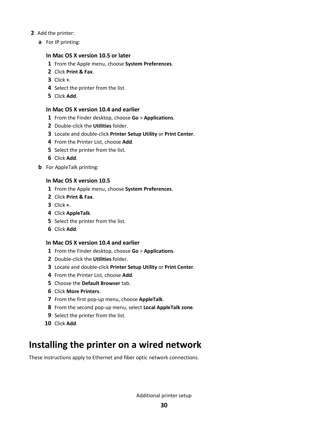 Lexmark gd2, gd1, dn1, dn2, 43W, 439, 430, 544dn, 544n, 5025, 26C0104 Installing the printer on a wired network, Mac OS X version 