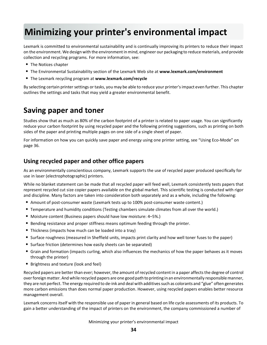 Lexmark 43W, gd2, gd1, dn1, dn2, 439, 430, 544dn, 544n, xd2 Minimizing your printer s environmental impact, Saving paper and toner 