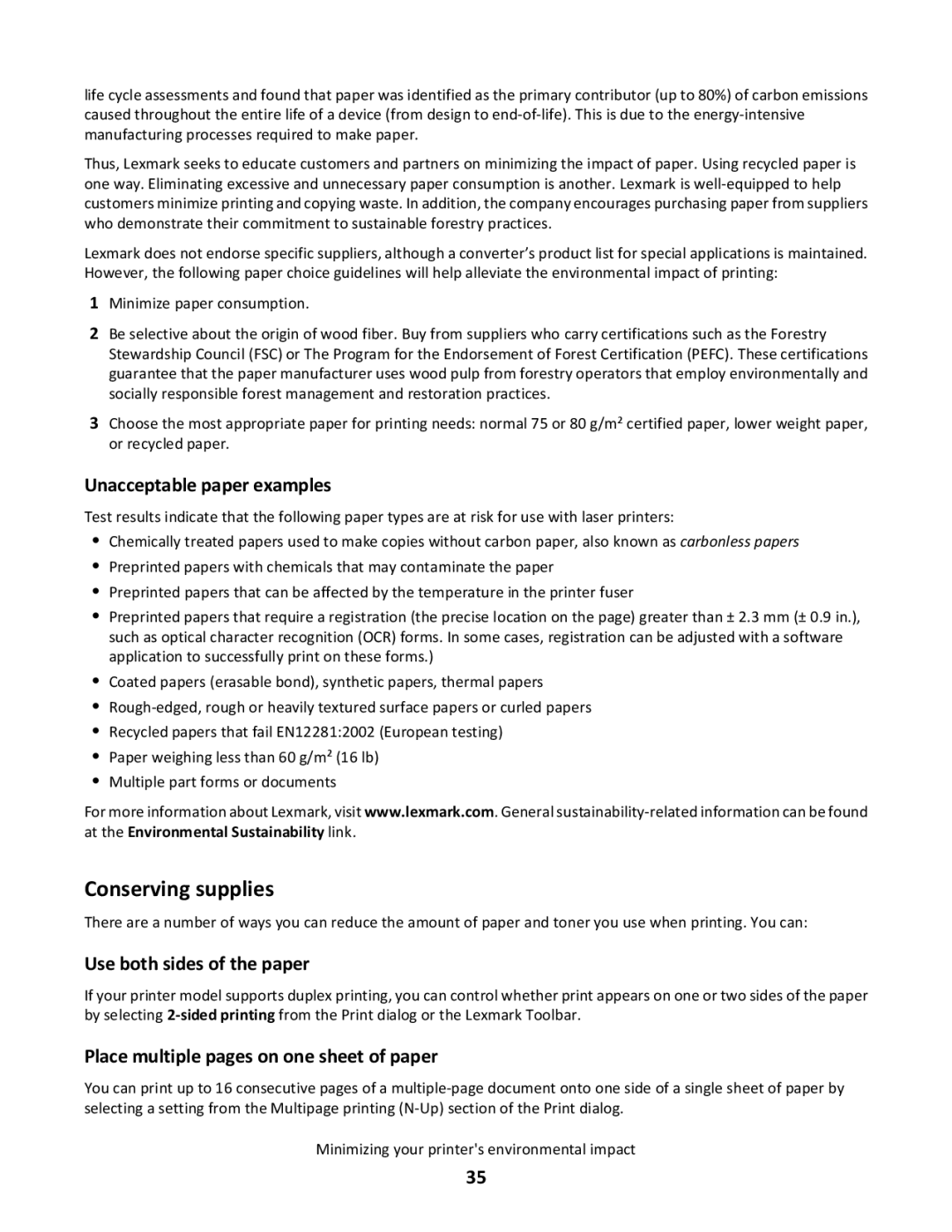 Lexmark 439, gd2, gd1, dn1, dn2, 43W, 430, 544dn Conserving supplies, Unacceptable paper examples, Use both sides of the paper 