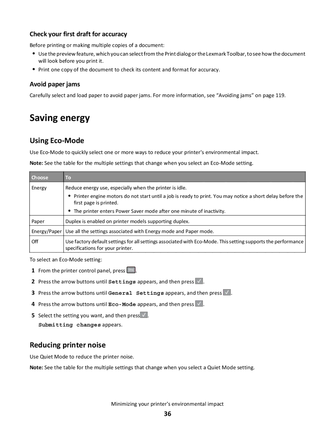 Lexmark 430 Saving energy, Using Eco-Mode, Reducing printer noise, Check your first draft for accuracy, Avoid paper jams 