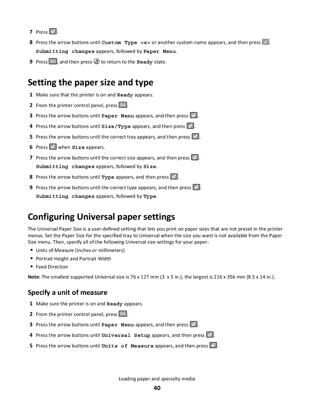 Lexmark 26C0104, gd2, gd1 Setting the paper size and type, Configuring Universal paper settings, Specify a unit of measure 