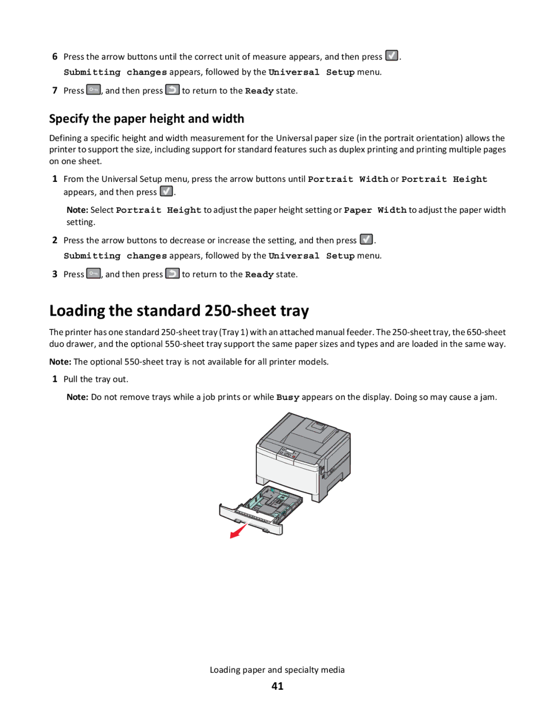 Lexmark 26C0000, gd2, gd1, dn1, dn2, 43W, 439, 430, 544dn Loading the standard 250-sheet tray, Specify the paper height and width 