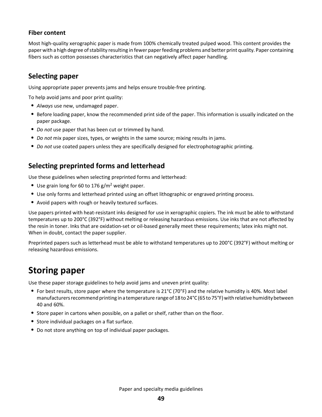 Lexmark 26C0002, gd2, gd1, dn1, dn2 Storing paper, Selecting paper, Selecting preprinted forms and letterhead, Fiber content 