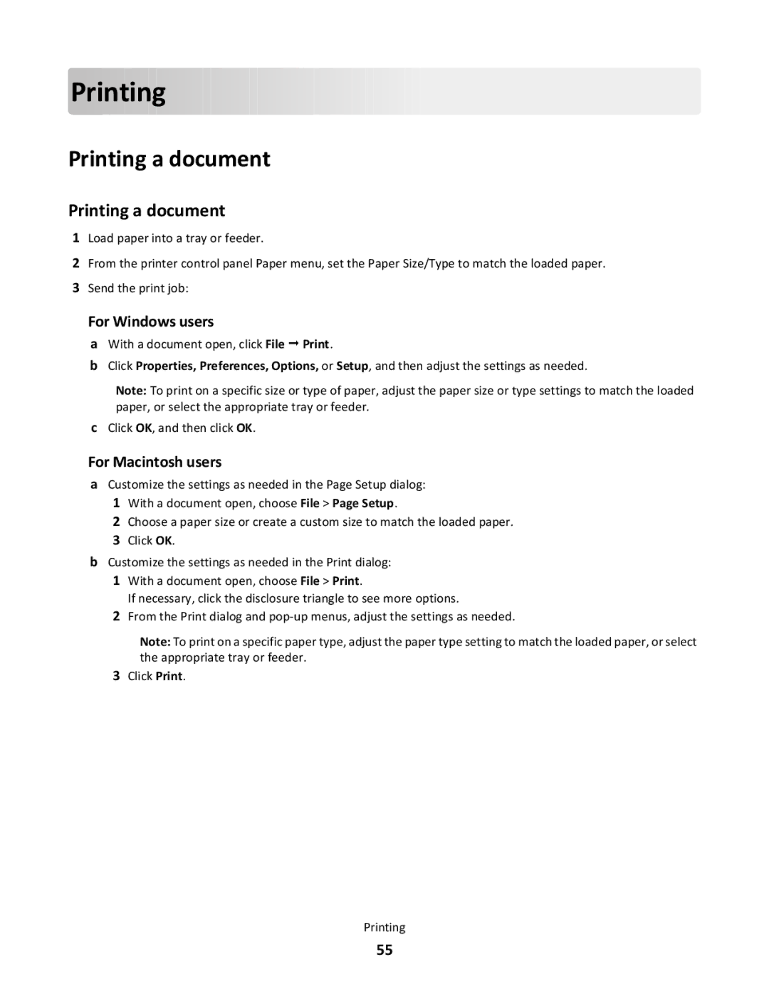 Lexmark dt2, gd2, gd1, dn1, dn2, 43W, 439, 430, 544dn, 544n, 5025, 26C0104, 26C0000, 26C0050, xd2, xd1 Print in g, Printing a document 