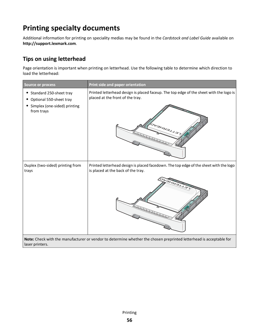 Lexmark gt2 Printing specialty documents, Tips on using letterhead, Source or process, Print side and paper orientation 