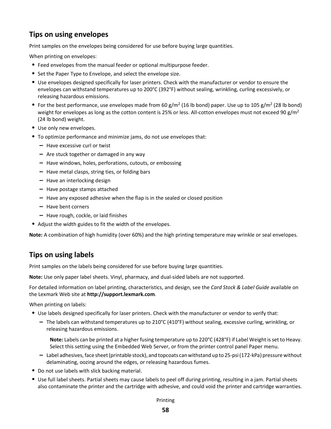 Lexmark 210, gd2, gd1, dn1, dn2, 43W, 439, 430, 544dn, 544n, 5025, 26C0104, 26C0000, xd2 Tips on using envelopes, Tips on using labels 