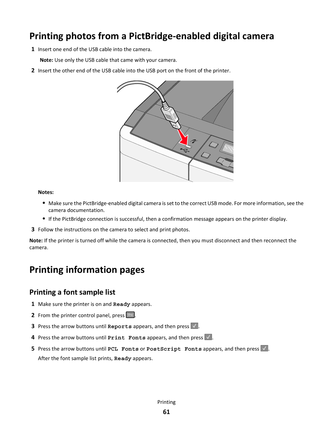 Lexmark gd1, gd2, dn1, dn2, 43W, 439, 430 Printing photos from a PictBridge-enabled digital camera, Printing information pages 