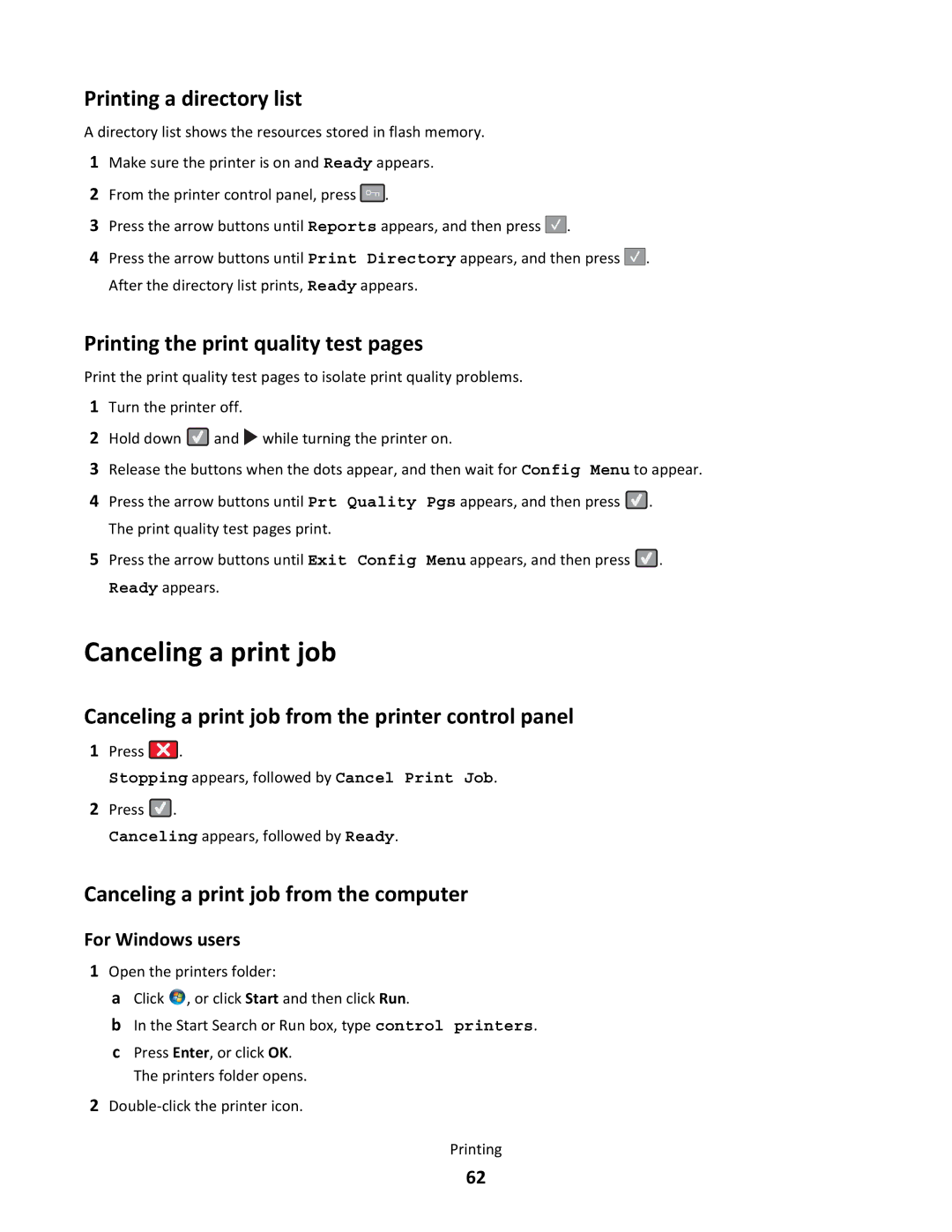 Lexmark dn1, gd2, gd1, dn2, 43W, 439 Canceling a print job, Printing a directory list, Printing the print quality test pages 