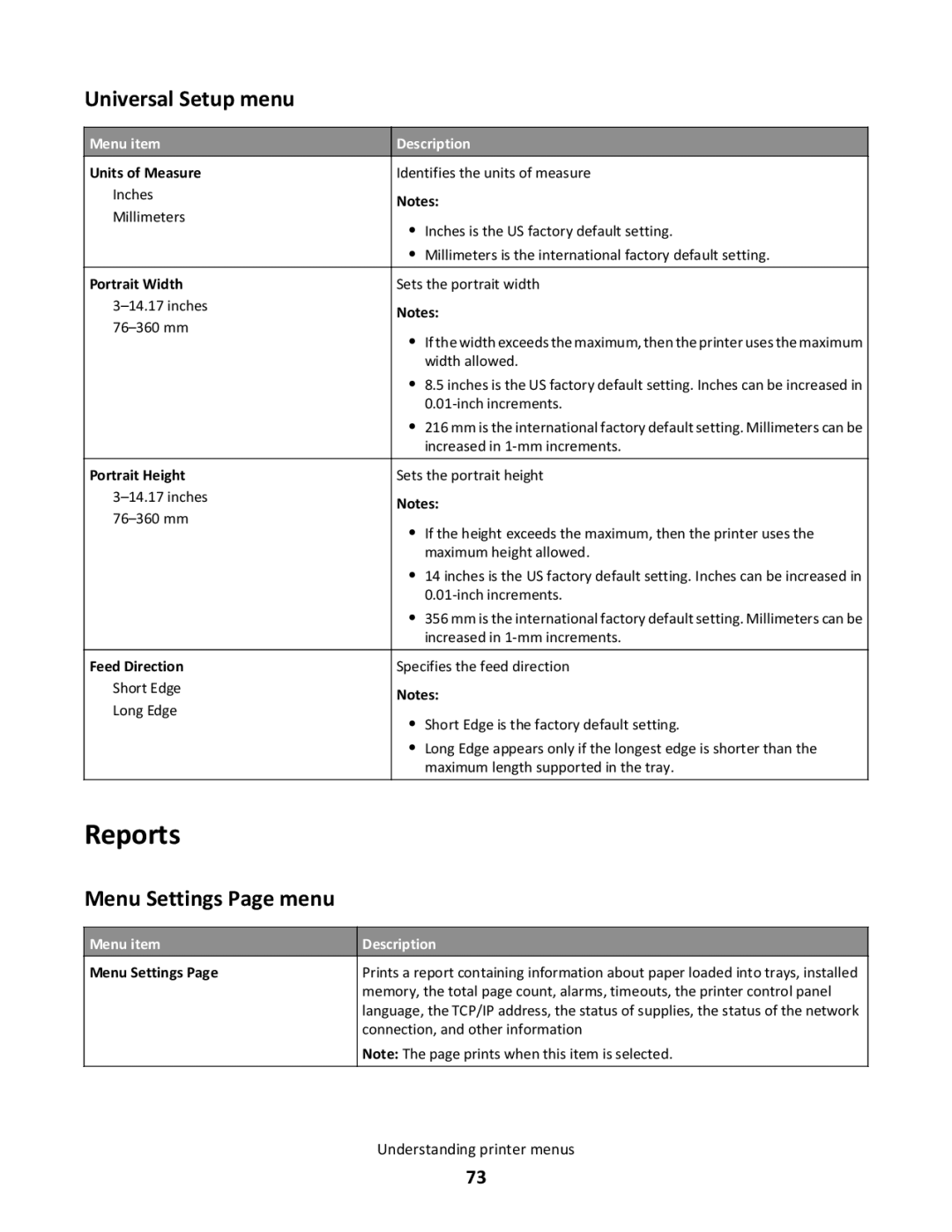 Lexmark xd2, gd2, gd1, dn1, dn2, 43W, 439, 430, 544dn, 544n, 5025, 26C0104 Reports, Universal Setup menu, Menu Settings Page menu 