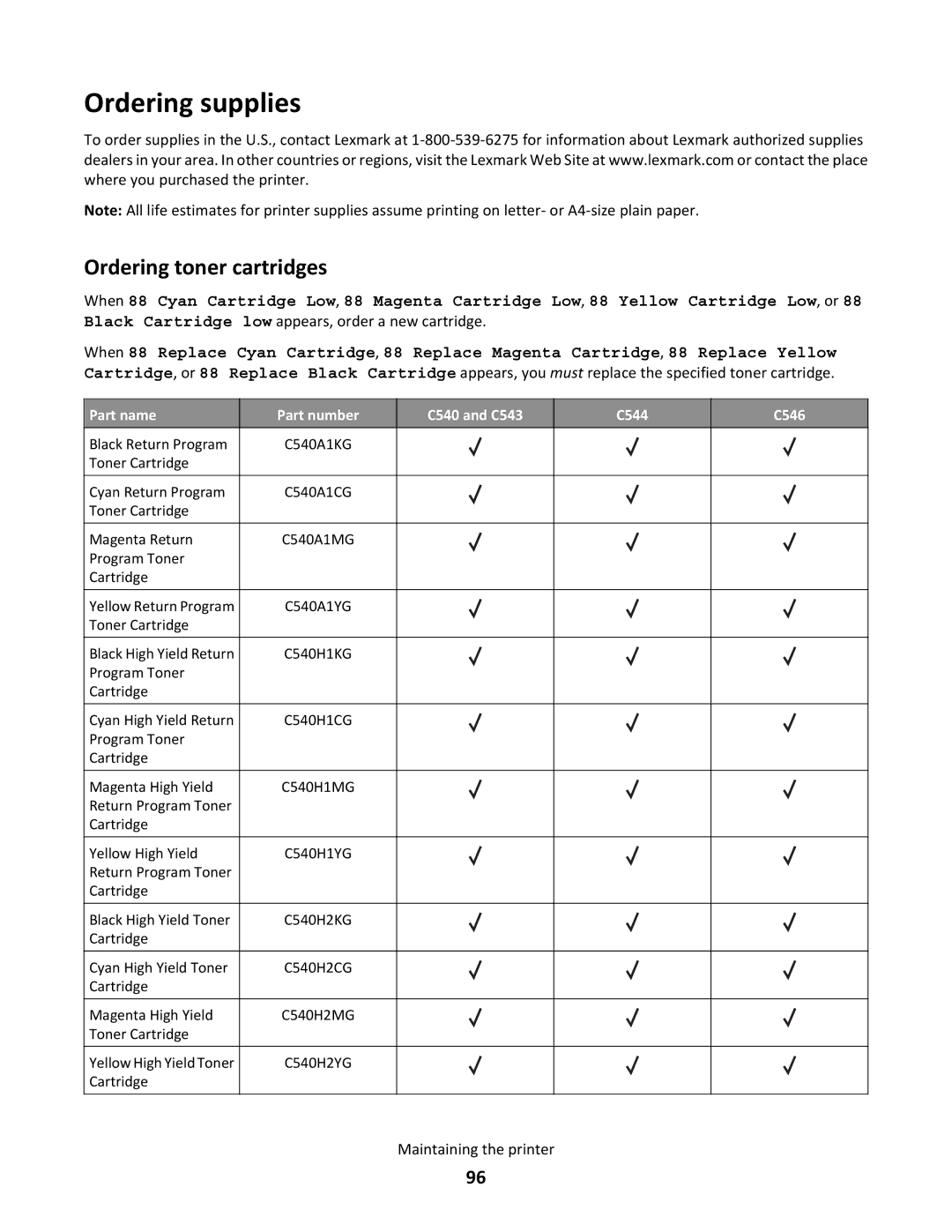 Lexmark 430, gd2, gd1, dn1, dn2 Ordering supplies, Ordering toner cartridges, Part name Part number C540 and C543 C544 C546 