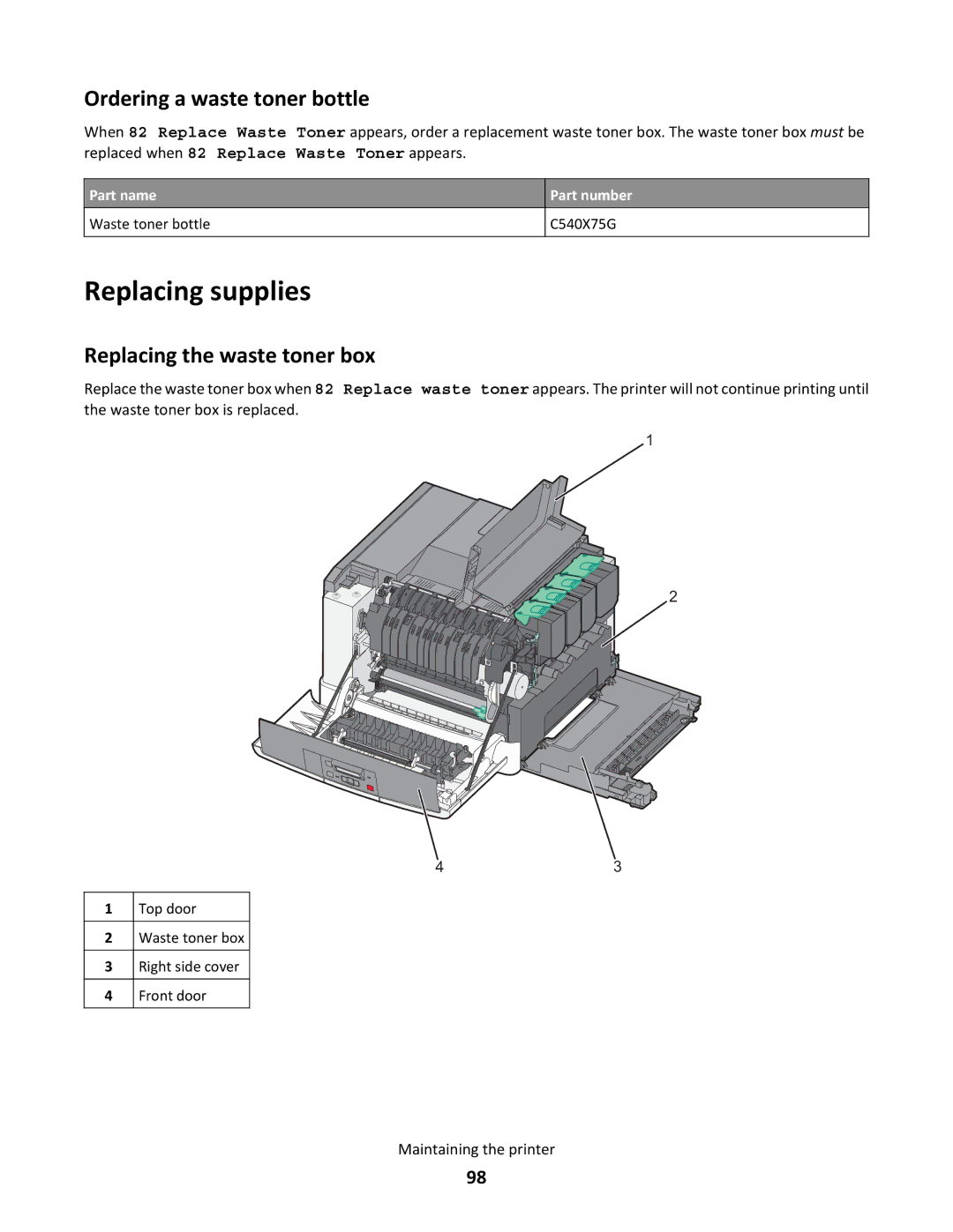 Lexmark 544n, gd2, gd1, dn1, dn2 Replacing supplies, Ordering a waste toner bottle, Replacing the waste toner box, Part name 