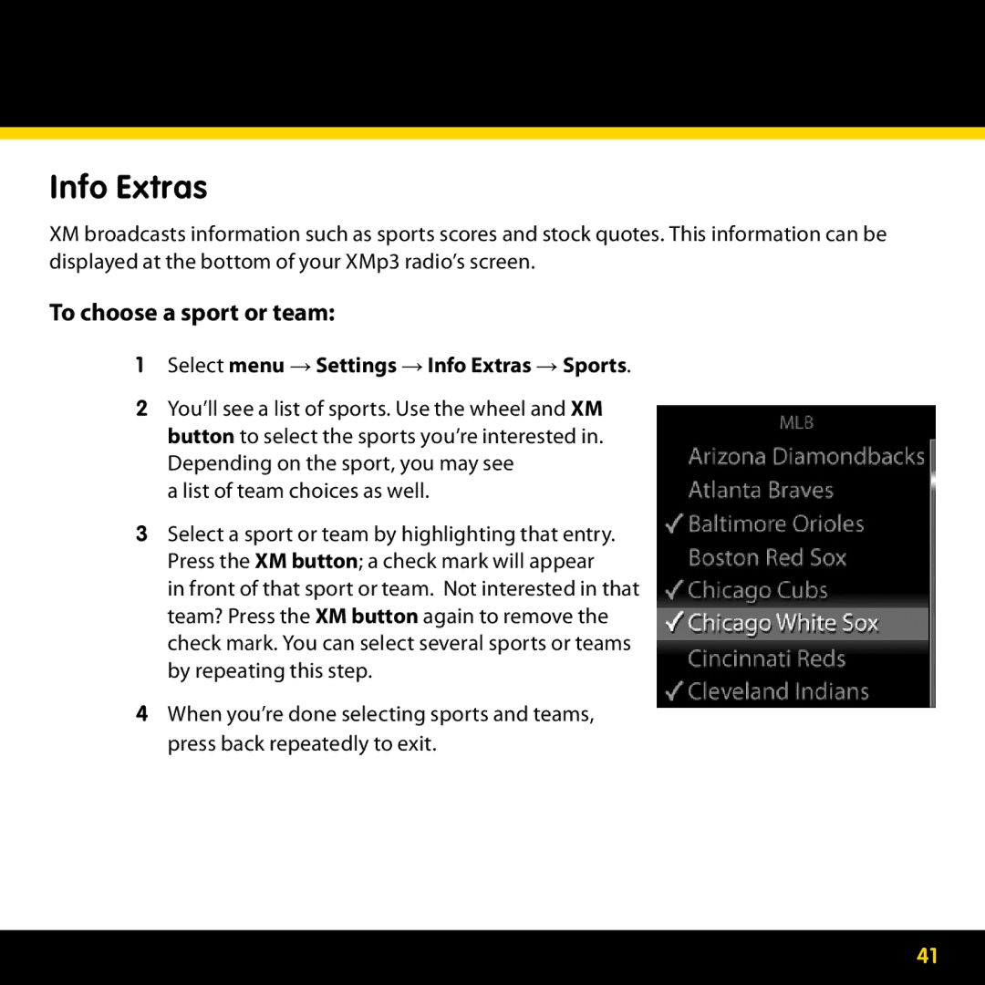 Lexmark GEX-XMP3 manual Select menu → Settings → Info Extras → Sports 