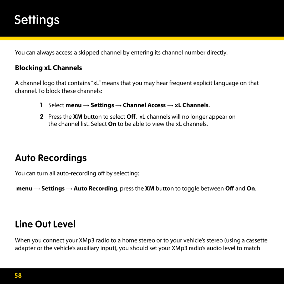 Lexmark GEX-XMP3 manual Auto Recordings, Line Out Level, Select menu → Settings → Channel Access → xL Channels 