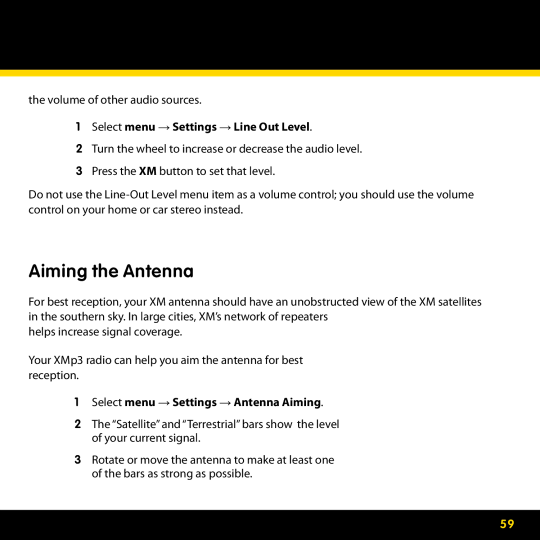 Lexmark GEX-XMP3 Aiming the Antenna, Select menu → Settings → Line Out Level, Select menu → Settings → Antenna Aiming 